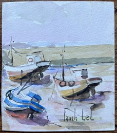 Französisches Aquarell von Fischerbooten auf Shoreline, signiert von Fanch Lel