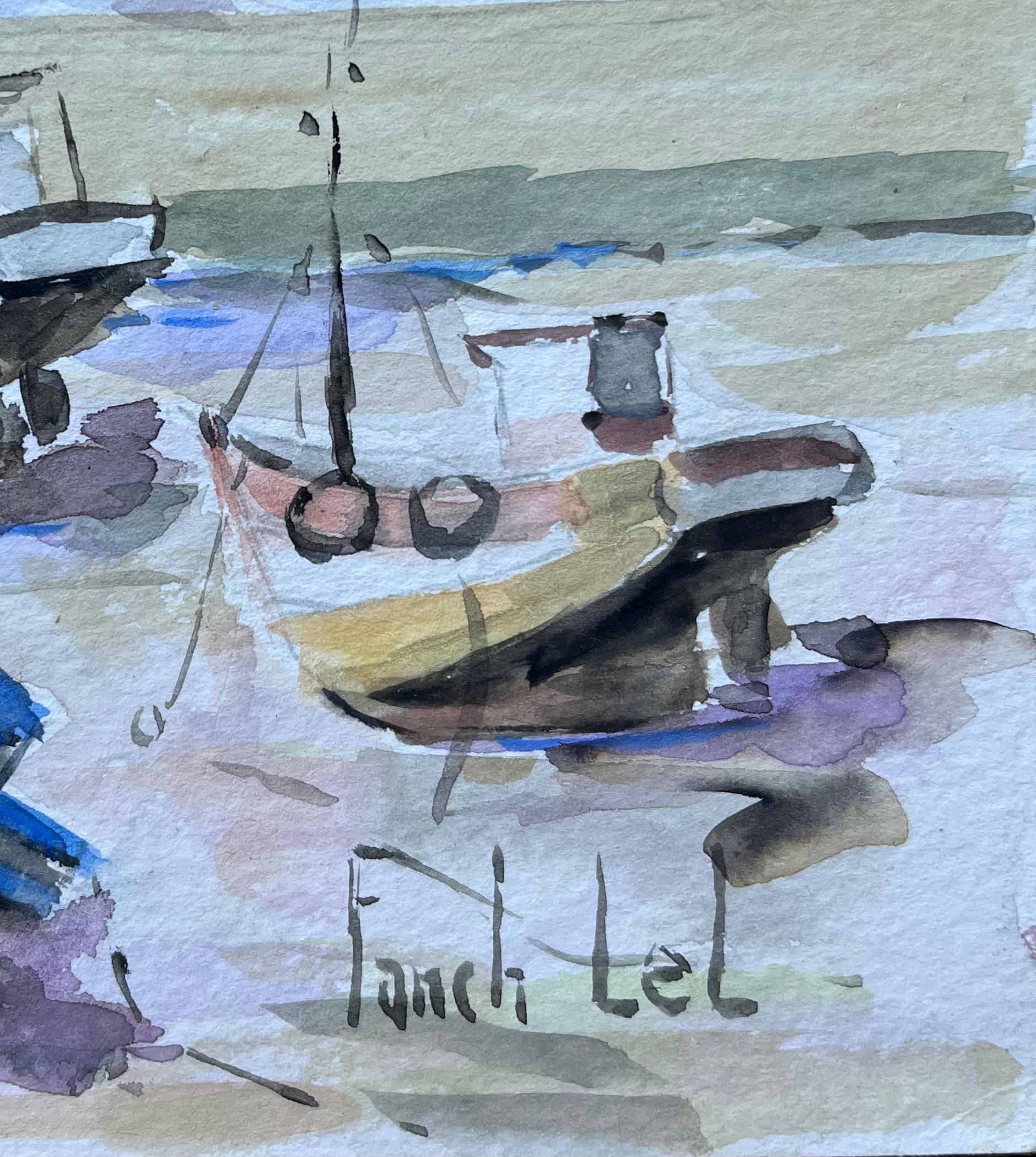 Acquerello francese di barche da pesca sulla costa firmato da Fanch Lel in vendita 4