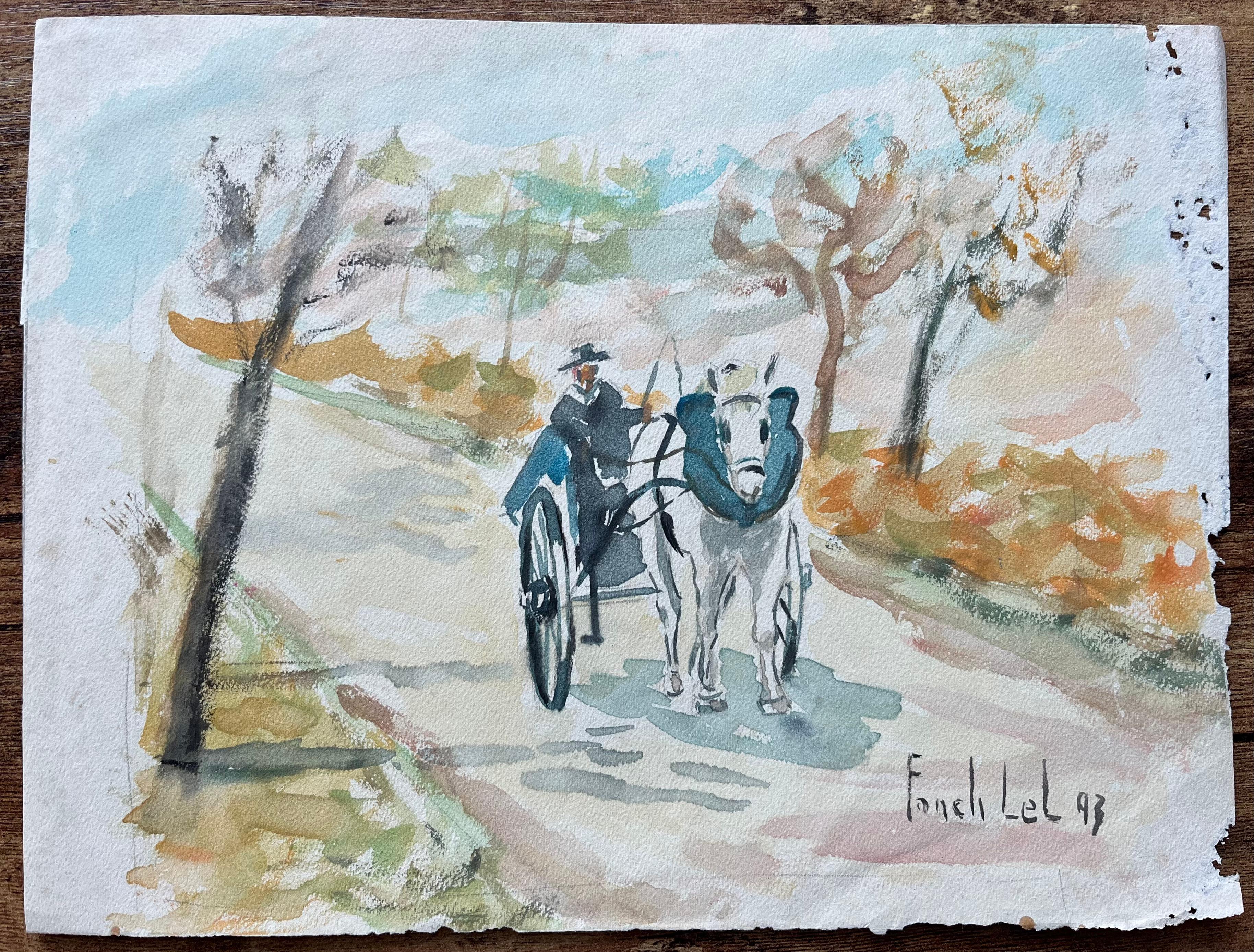 Aquarelle française d'un cheval et d'une charrette sur une route de campagne datée de 1993 - Painting de Fanch Lel