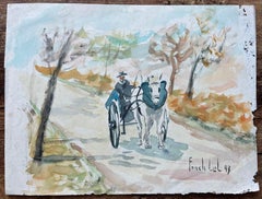 French Watercolour of Horse and Cart on a Country Road dated 1993
