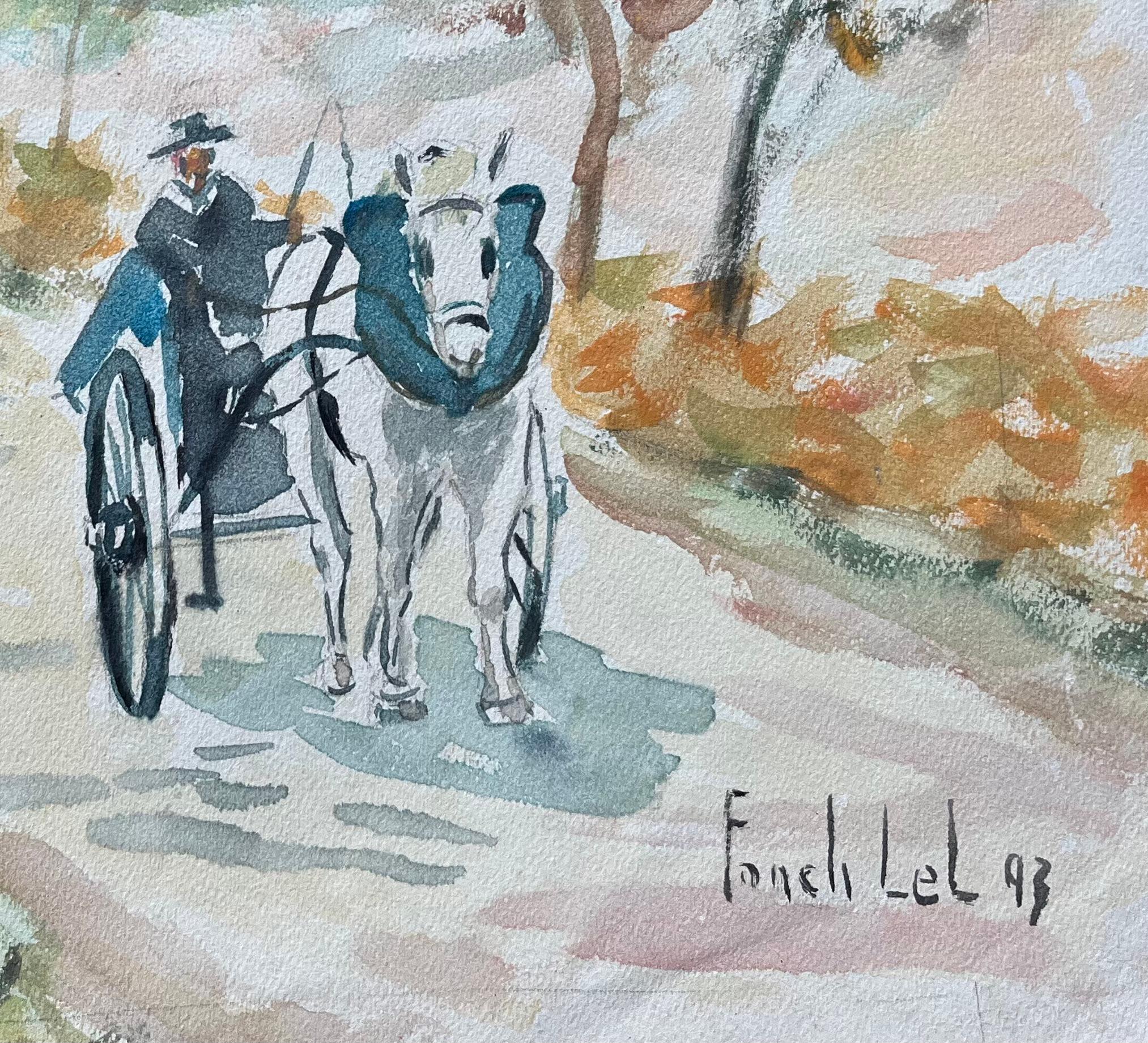 Aquarelle française d'un cheval et d'une charrette sur une route de campagne datée de 1993 - Impressionnisme Painting par Fanch Lel
