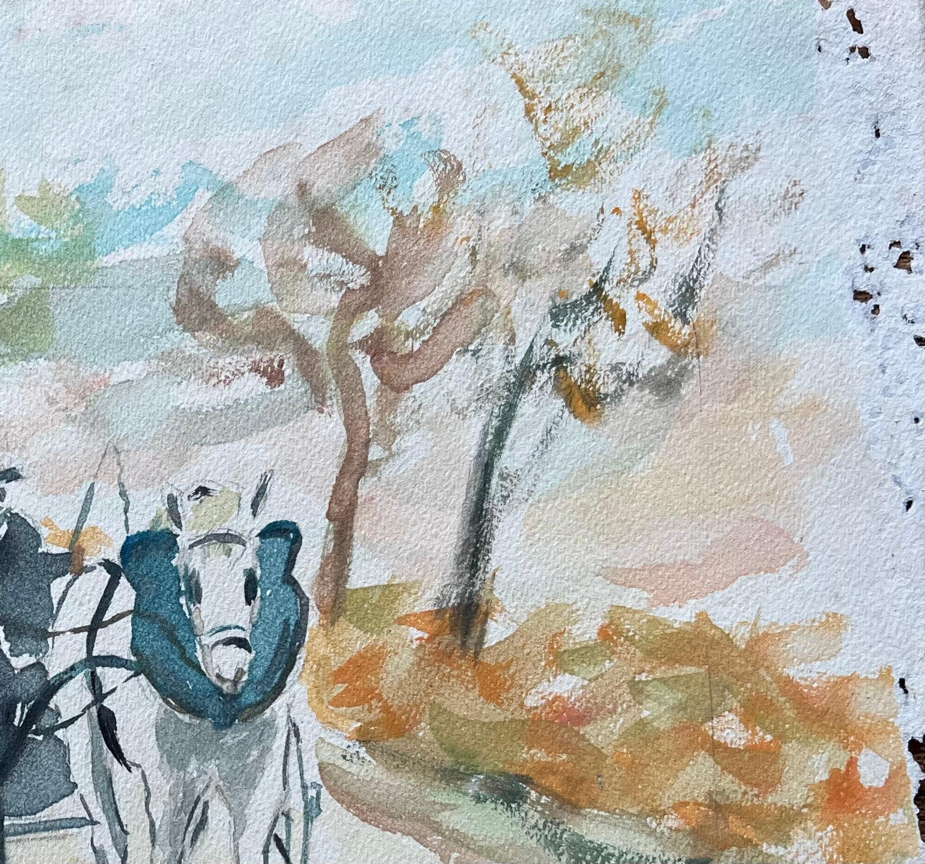Aquarelle française d'un cheval et d'une charrette sur une route de campagne datée de 1993 - Gris Landscape Painting par Fanch Lel
