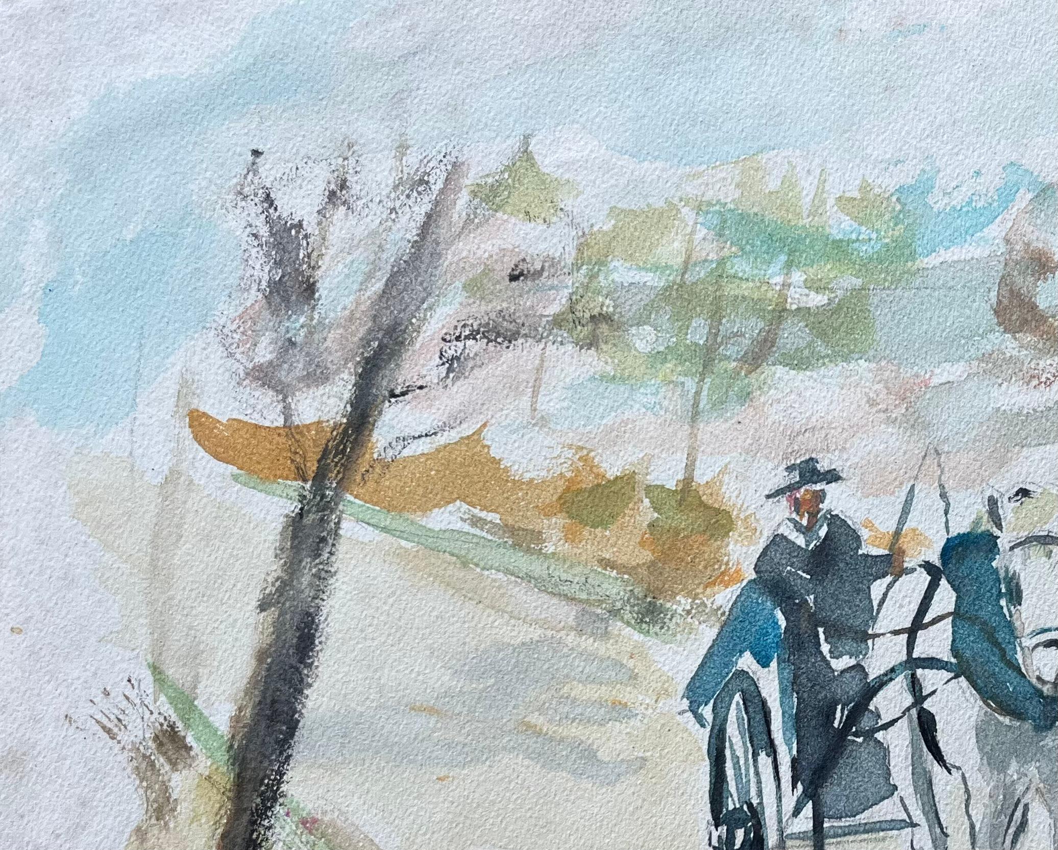 Aquarelle française d'un cheval et d'une charrette sur une route de campagne datée de 1993 en vente 1