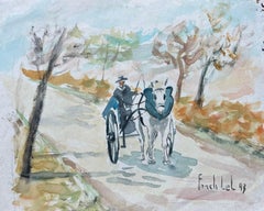 French Watercolour of Horse and Cart on a Country Road dated 1993