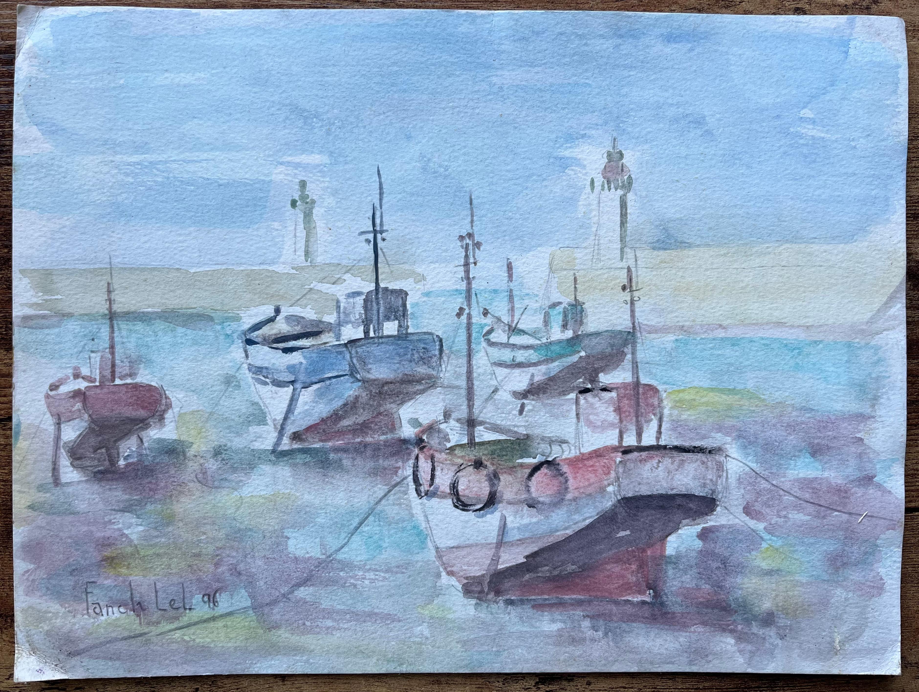 Französisches Aquarell mit Moored-Fischbooten und Leuchtern in Moored-Optik von Fanch Lel im Angebot 1