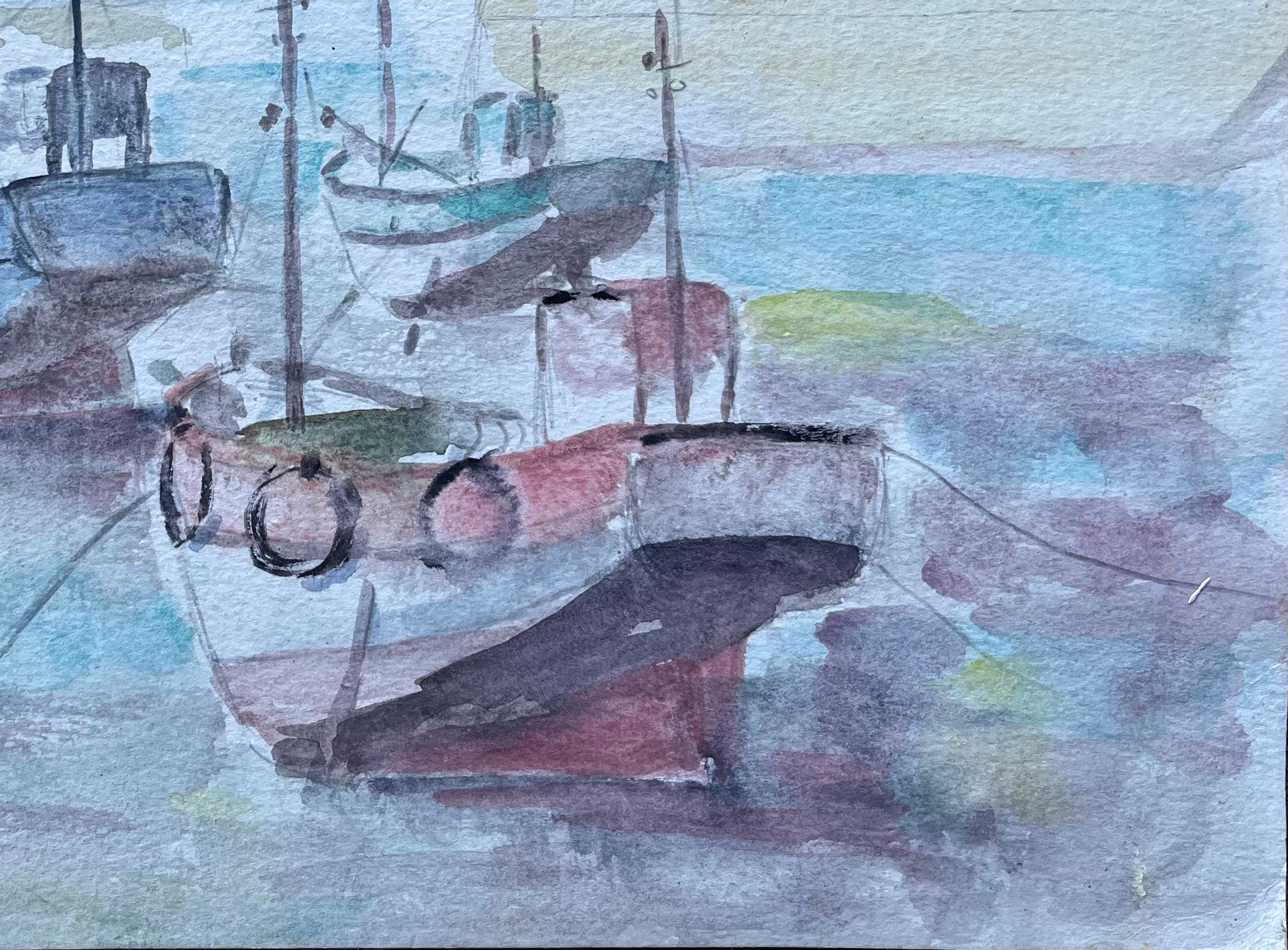 Französisches Aquarell mit Moored-Fischbooten und Leuchtern in Moored-Optik von Fanch Lel im Angebot 2