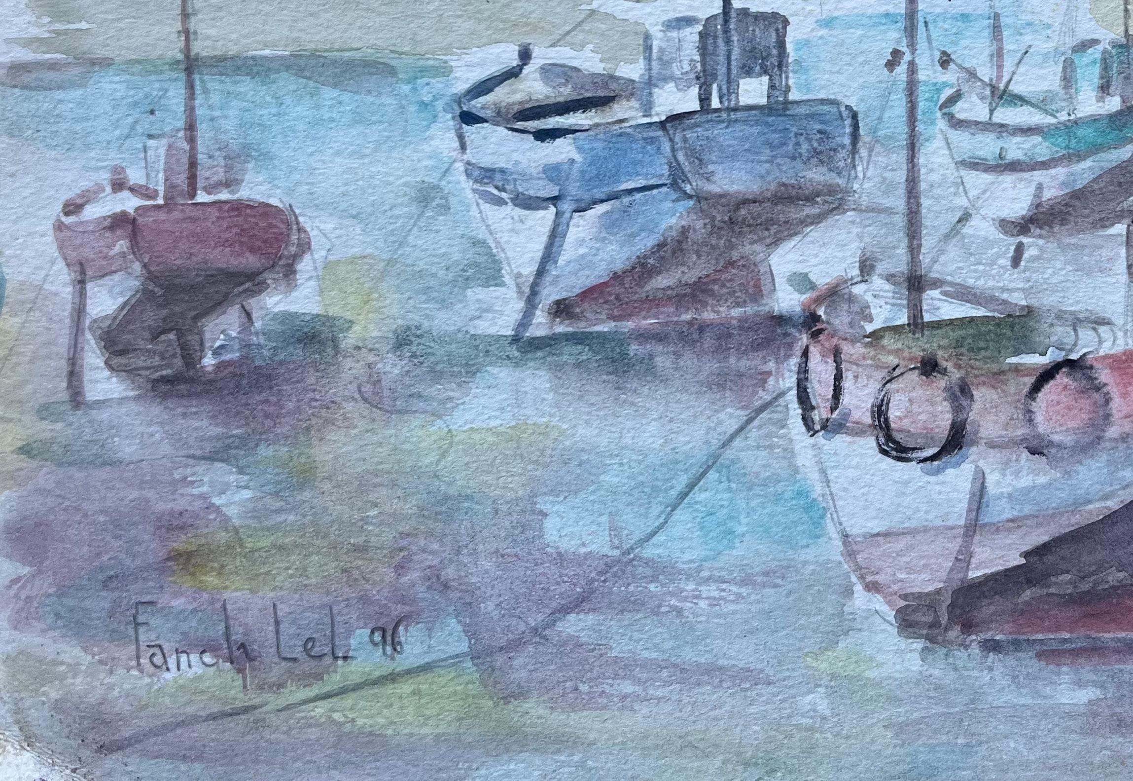 Französisches Aquarell mit Moored-Fischbooten und Leuchtern in Moored-Optik von Fanch Lel im Angebot 4