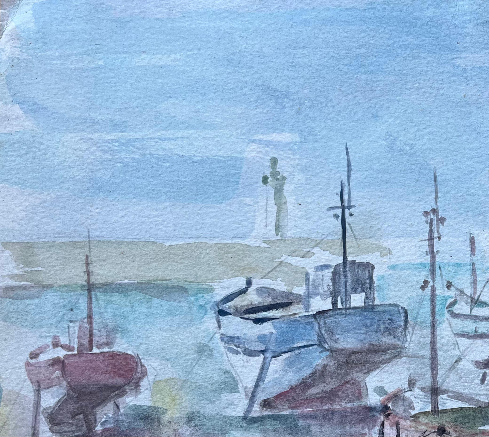 Französisches Aquarell mit Moored-Fischbooten und Leuchtern in Moored-Optik von Fanch Lel im Angebot 5