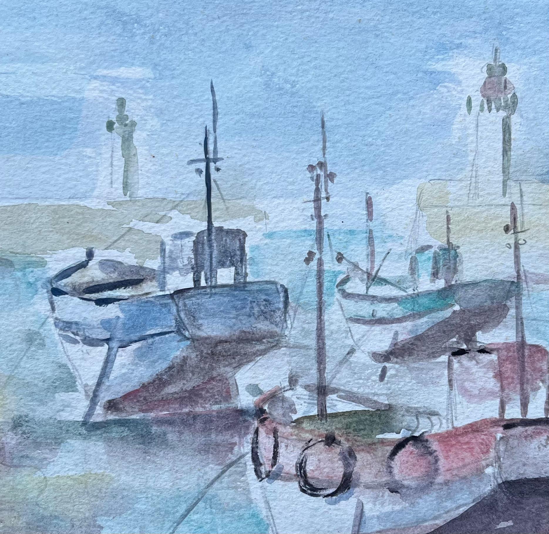 Französisches Aquarell mit Moored-Fischbooten und Leuchtern in Moored-Optik von Fanch Lel im Angebot 6