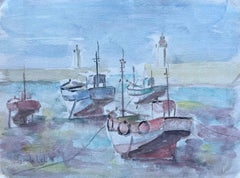 Aquarelle française représentant des bateaux de pêche et des phares moulés par Fanch Lel