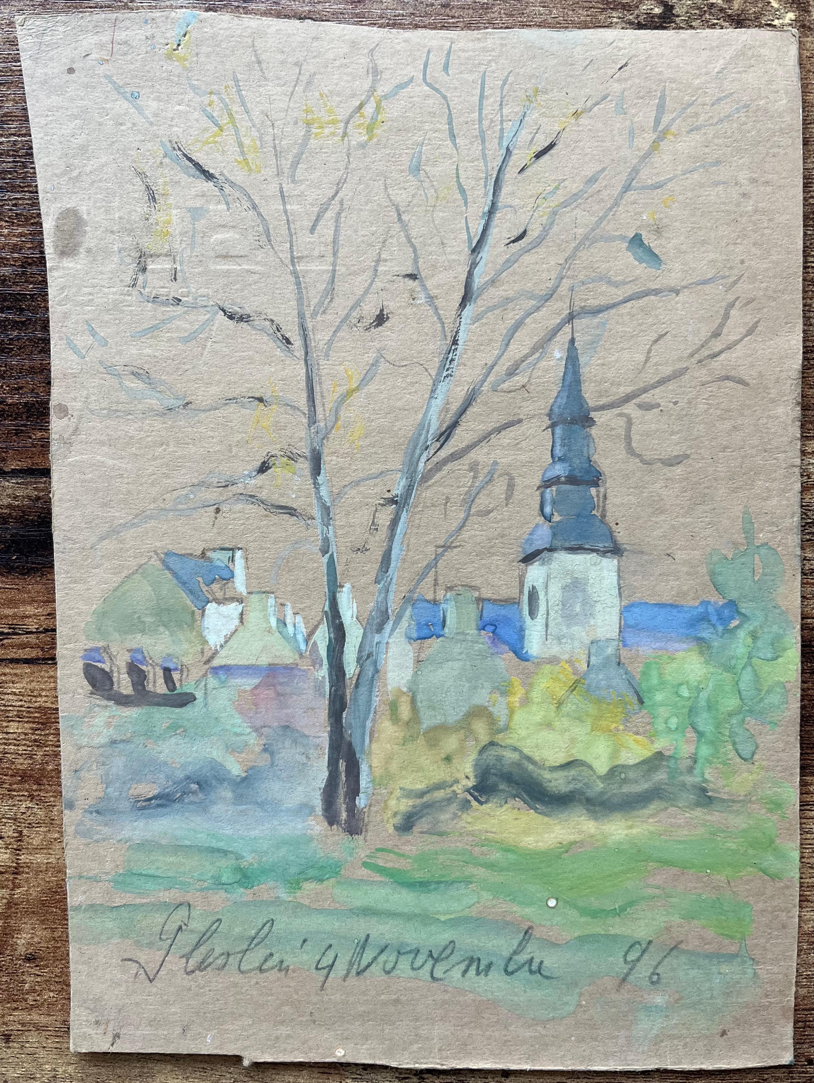 French Watercolour of Village Church in Plelan le Grand - Painting by Fanch Lel