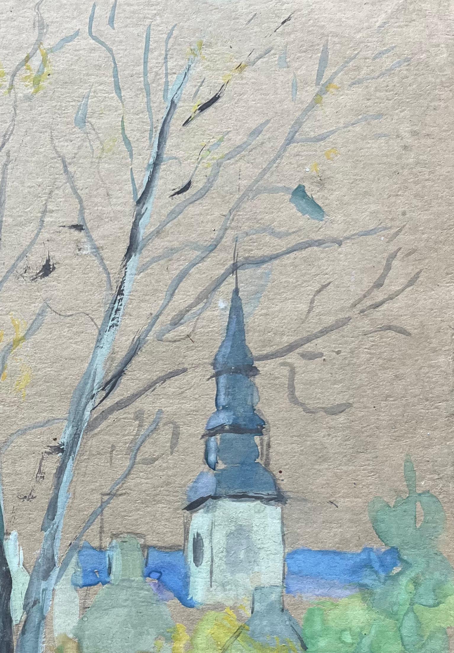 French Watercolour of Village Church in Plelan le Grand - Impressionist Painting by Fanch Lel