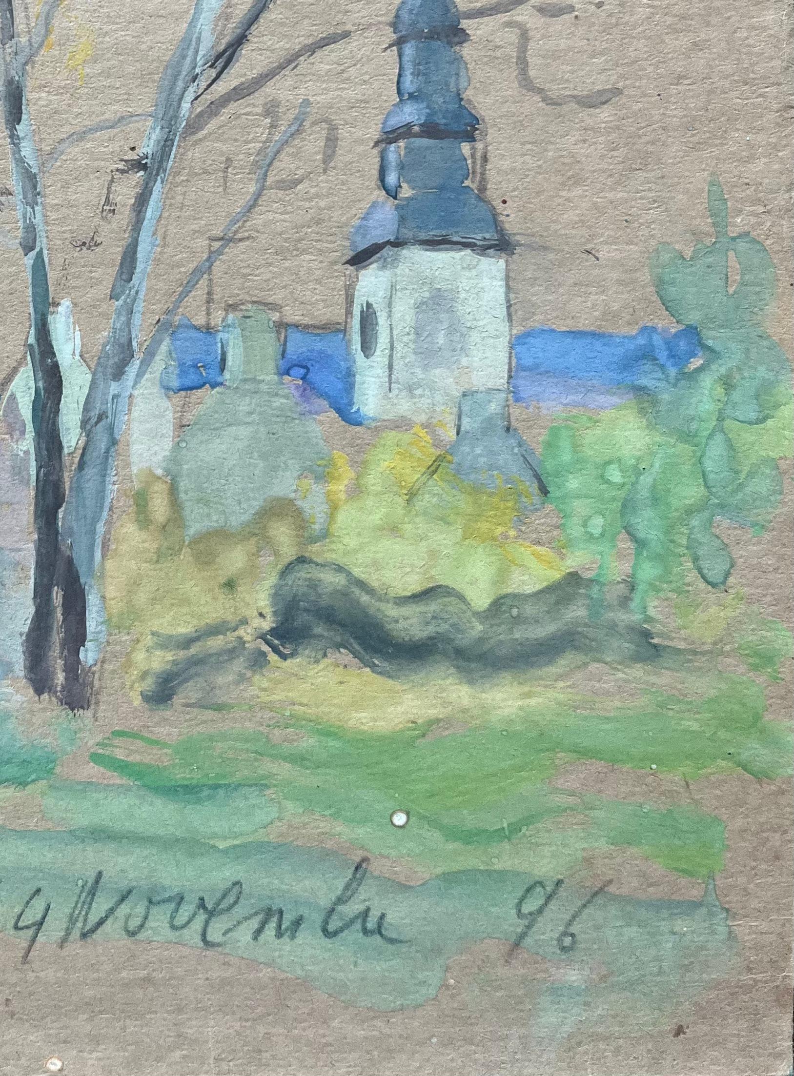 French Watercolour of Village Church in Plelan le Grand - Gray Landscape Painting by Fanch Lel