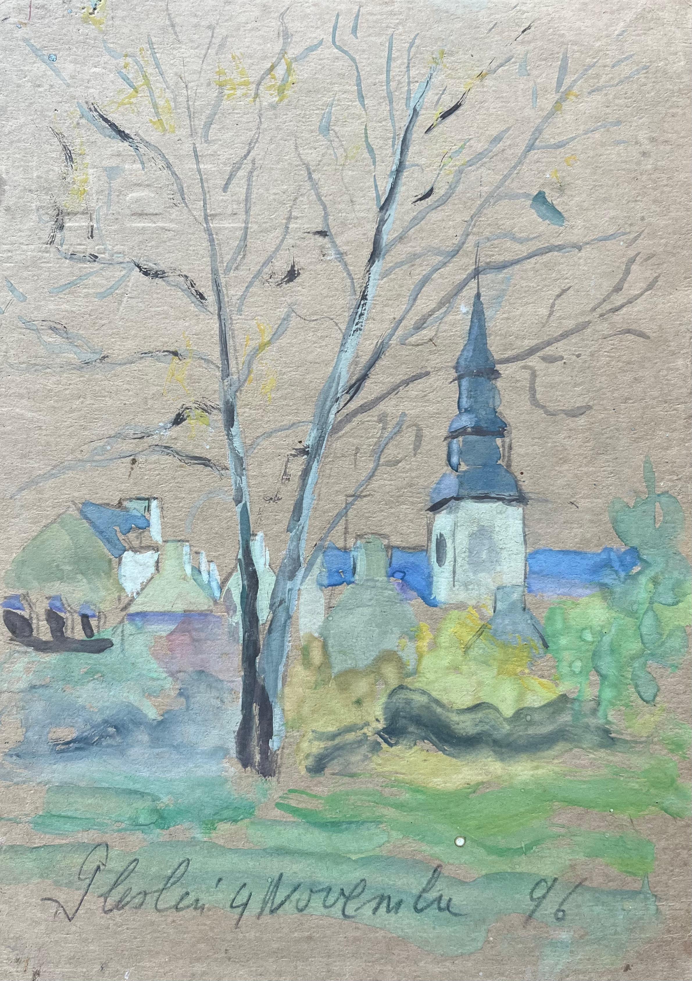 Fanch Lel Landscape Painting - French Watercolour of Village Church in Plelan le Grand
