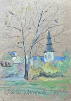 French Watercolour of Village Church in Plelan le Grand