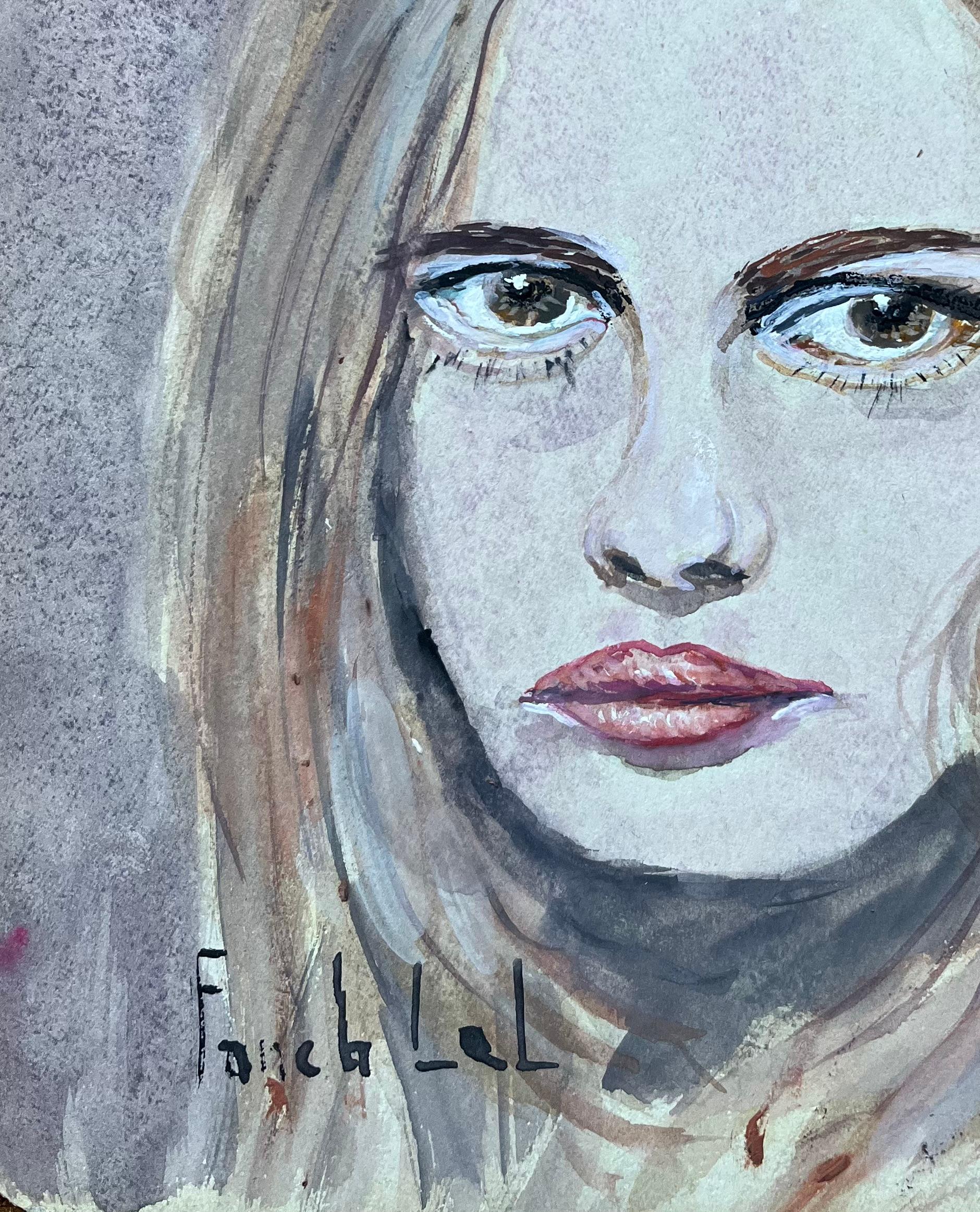 Ritratto di donna con sguardo intenso, acquerello francese - Figurative Painting Grigio di Fanch Lel