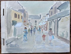 Scena di strada di Guérande con figure, acquerello francese