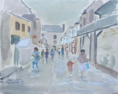 French Watercolour Street Scene of Guérande with Figures