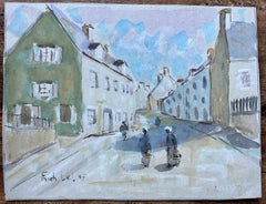 Scène française à l'aquarelle avec des femmes bretonnes en robe traditionnelle