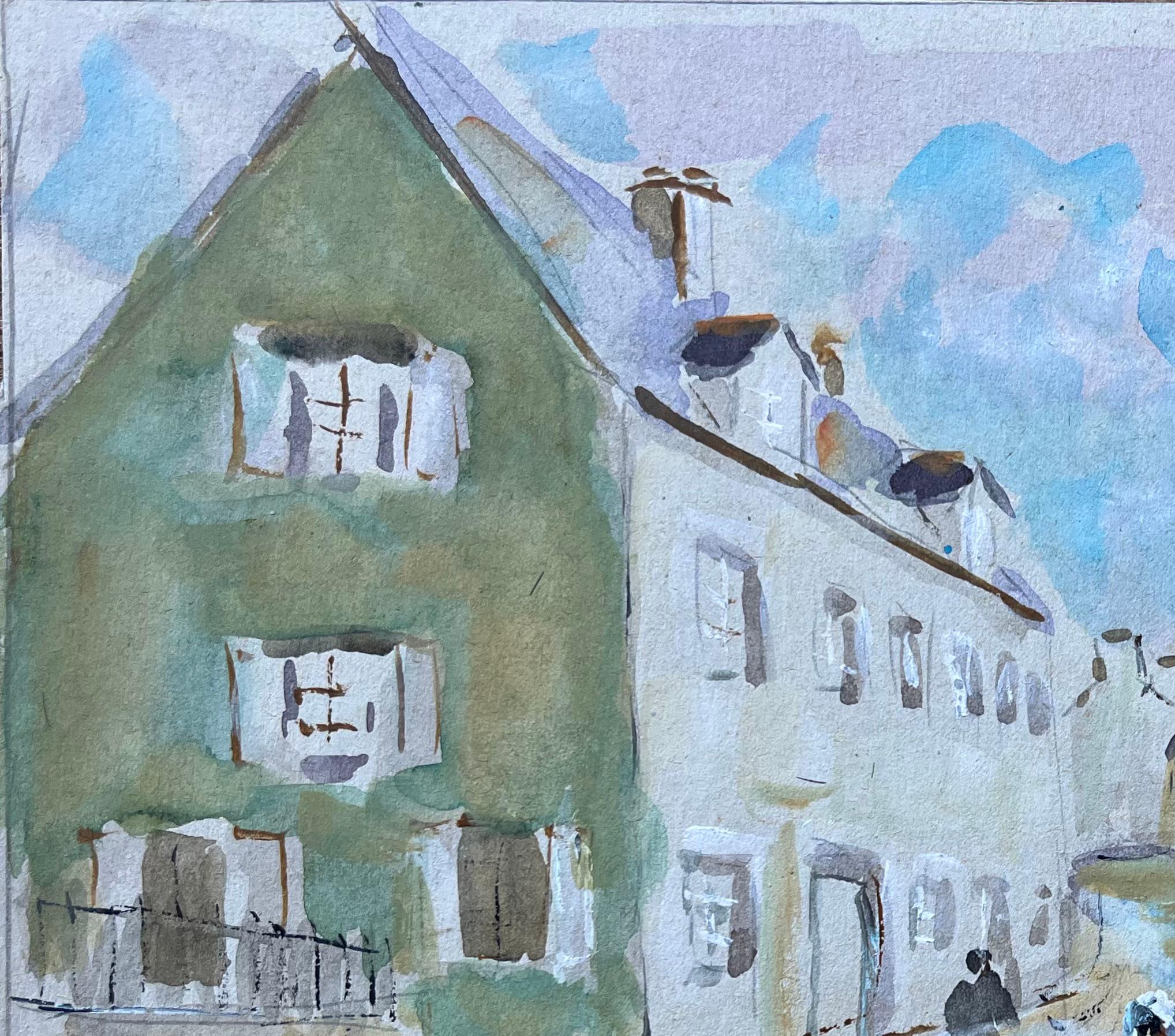 French Watercolour Street Scene with Breton Women in Traditional Dress - Impressionist Painting by Fanch Lel