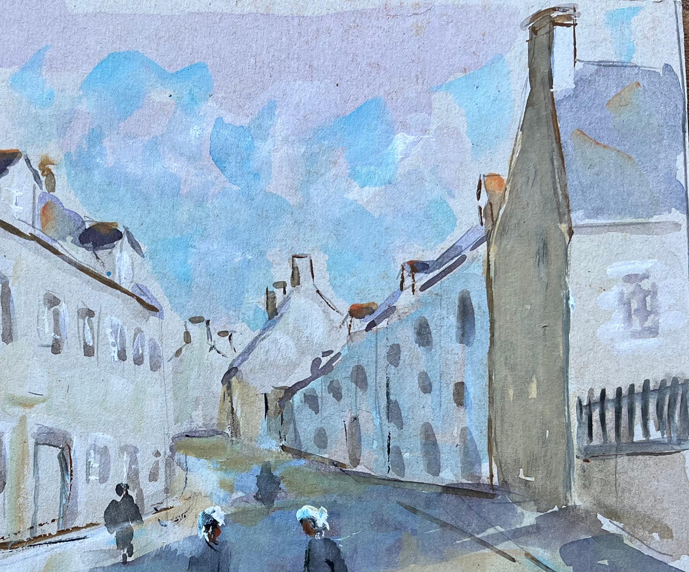 French Watercolour Street Scene with Breton Women in Traditional Dress - Blue Landscape Painting by Fanch Lel