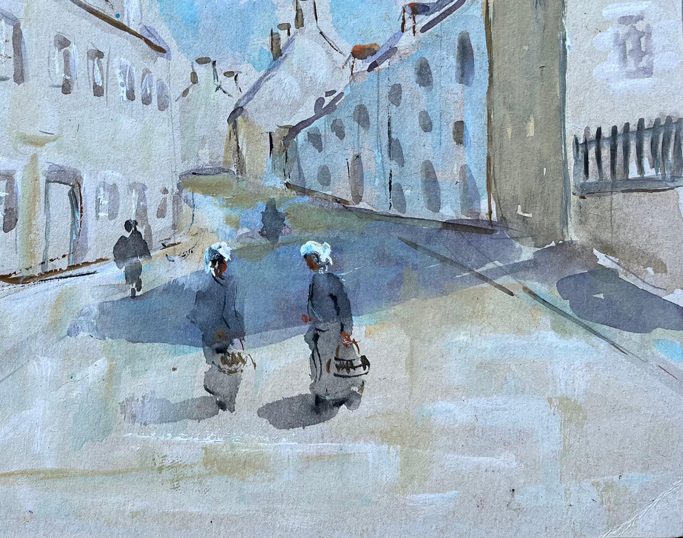 Title: French Watercolour Street Scene with Breton Women in Traditional Dress
by Fanche Lel
Signed: Yes
Size: 8 inches (height) x 10.25 inches (width)
Watercolor painting on paper, unframed
Condition: The painting is in good condition, with minor