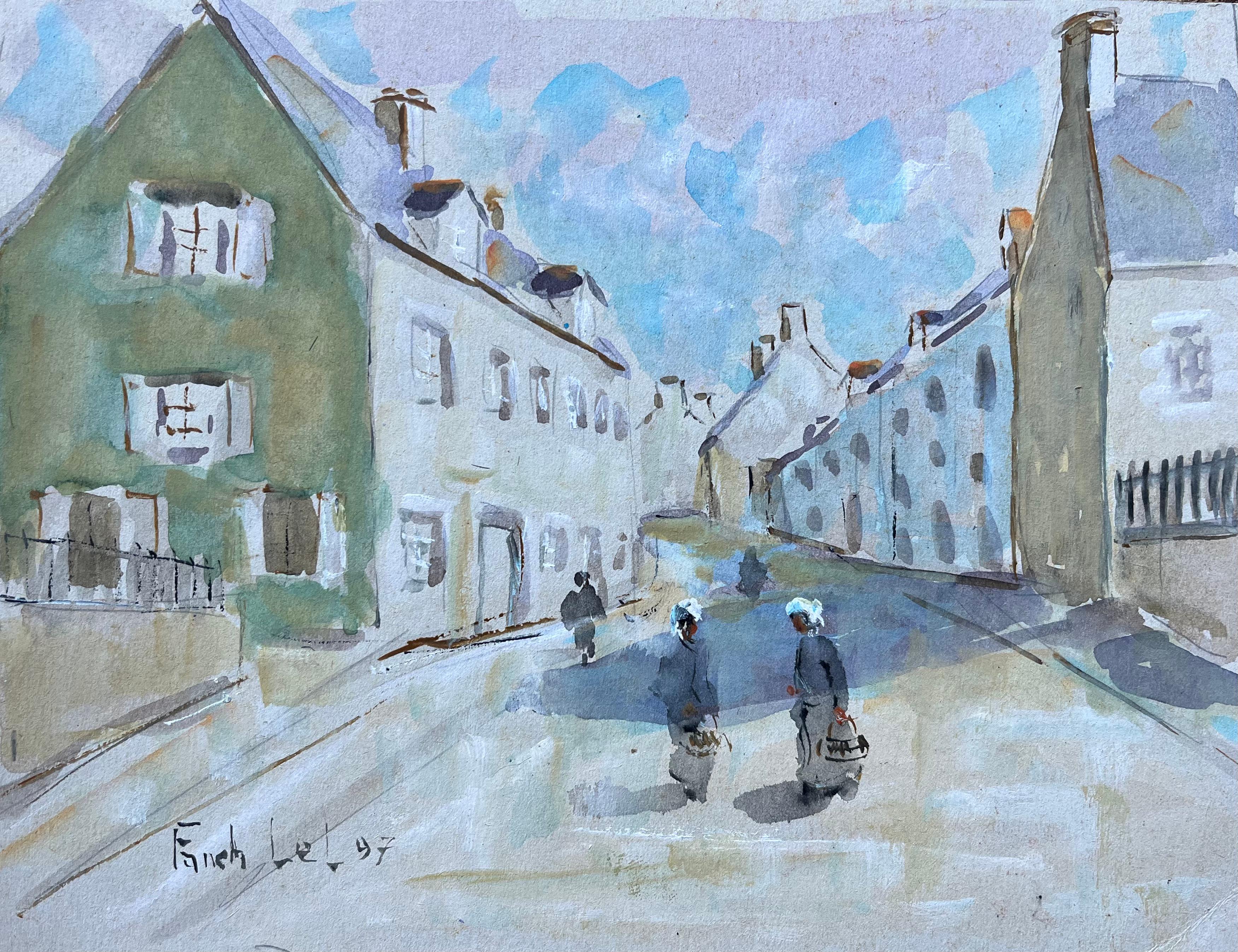 Fanch Lel Landscape Painting - French Watercolour Street Scene with Breton Women in Traditional Dress