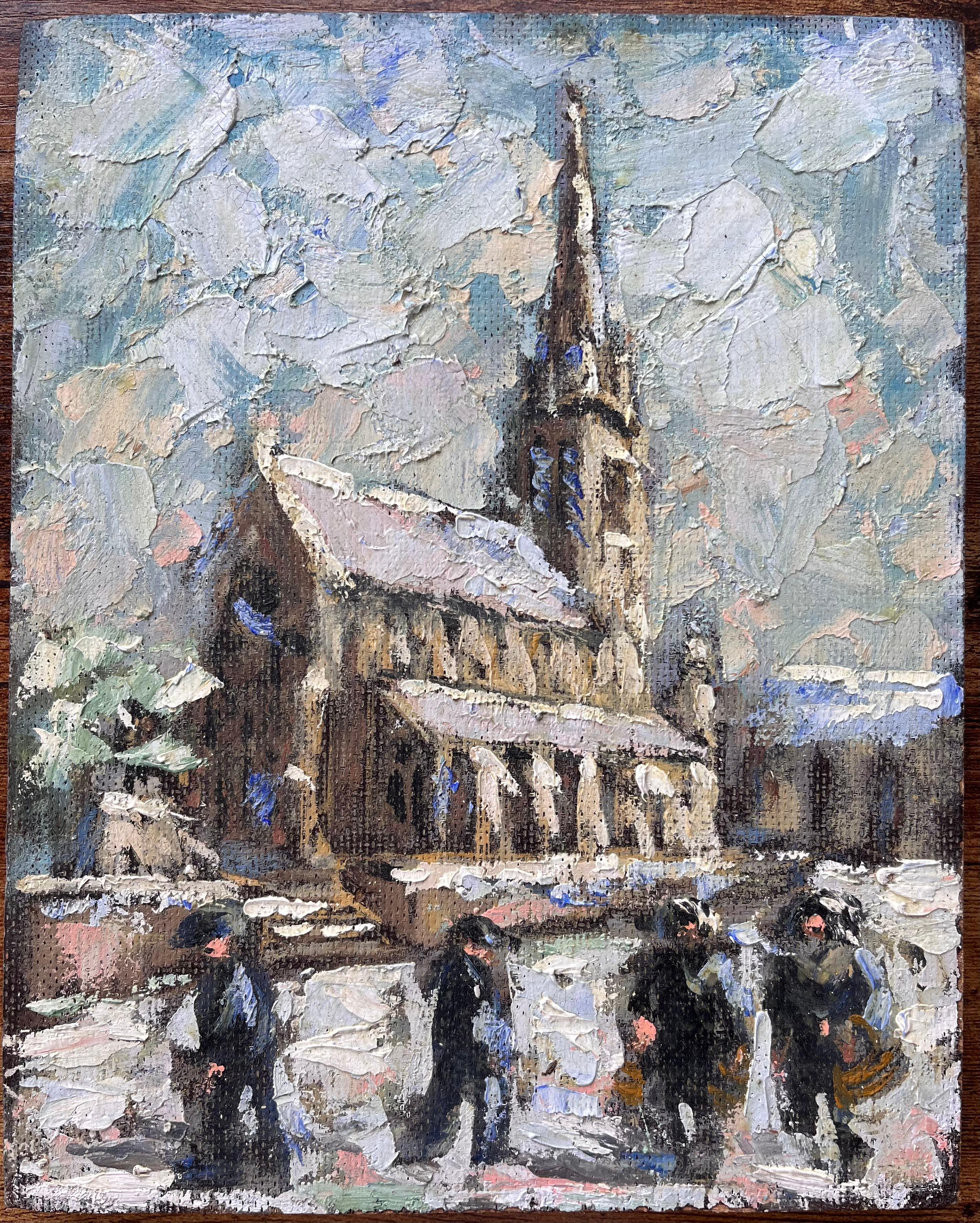 Französische Winterkathedralszene mit Schnee und Figuren in dickem Impasto – Painting von Fanch Lel