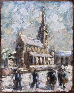 French Winter Cathedral Scene with Snow and Figures in Thick Impasto