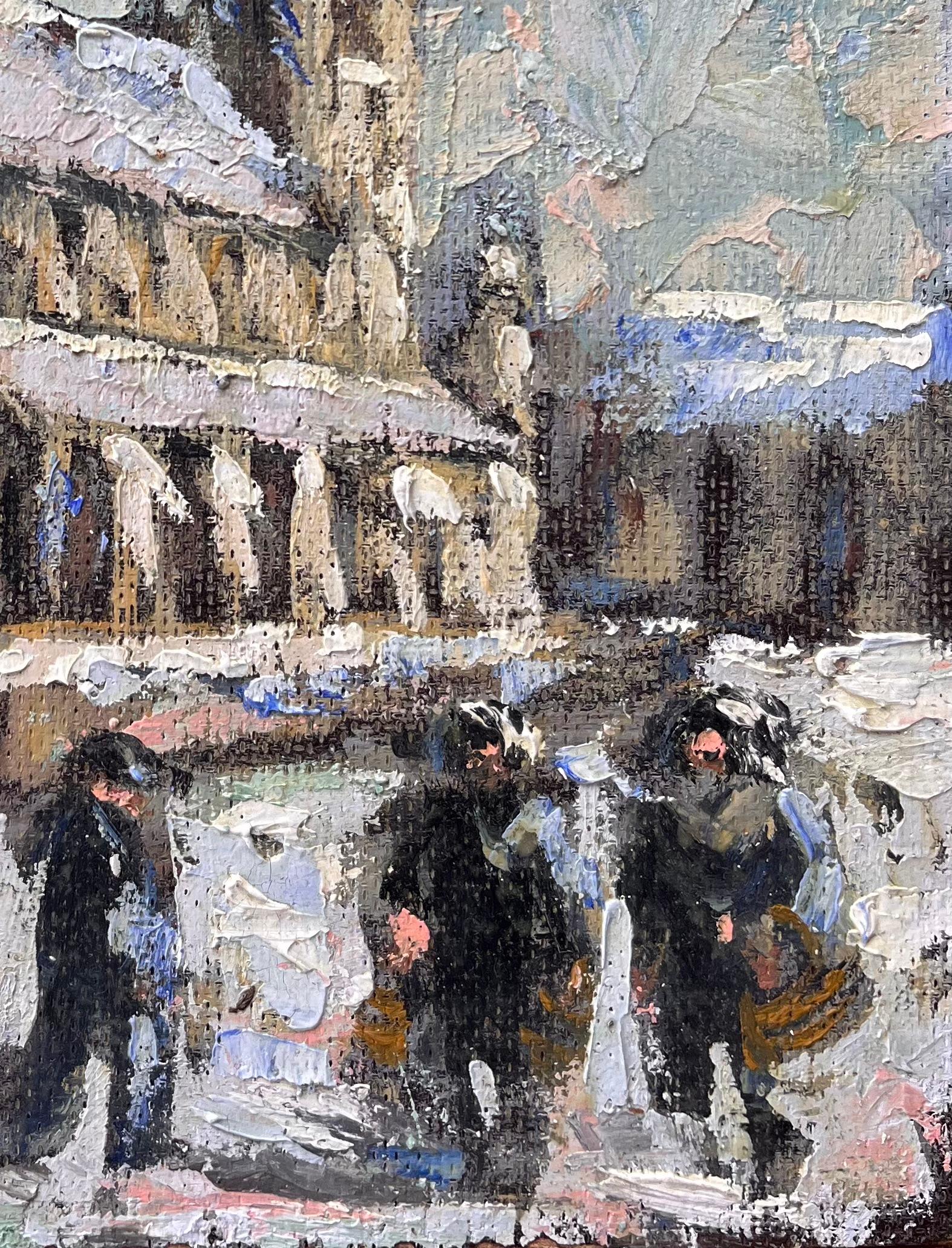 Französische Winterkathedralszene mit Schnee und Figuren in dickem Impasto (Impressionismus), Painting, von Fanch Lel