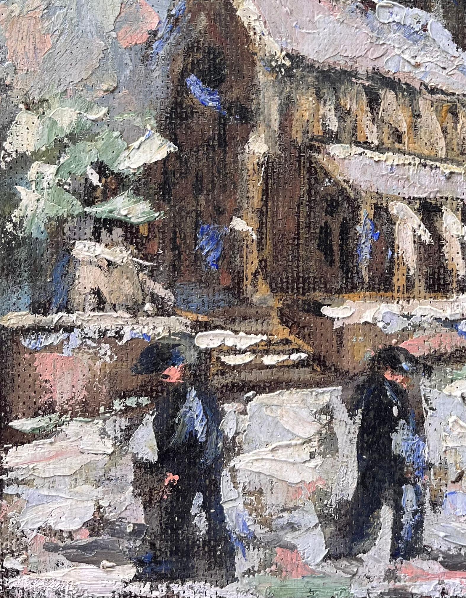 Französische Winterkathedralszene mit Schnee und Figuren in dickem Impasto (Grau), Still-Life Painting, von Fanch Lel