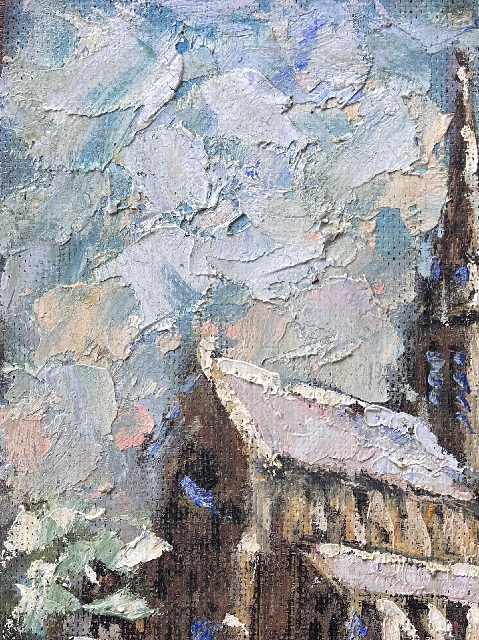 Titel: Französische Winter-Kathedralszene mit Schnee und Figuren in dichtem Impasto 
von Fanch Lel
Größe: 10,75 Zoll (Höhe) x 8,5 Zoll (Breite)
Medium: Öl auf Karton, ungerahmt
Zustand: Das Gemälde ist in gutem Zustand mit leichten altersbedingten
