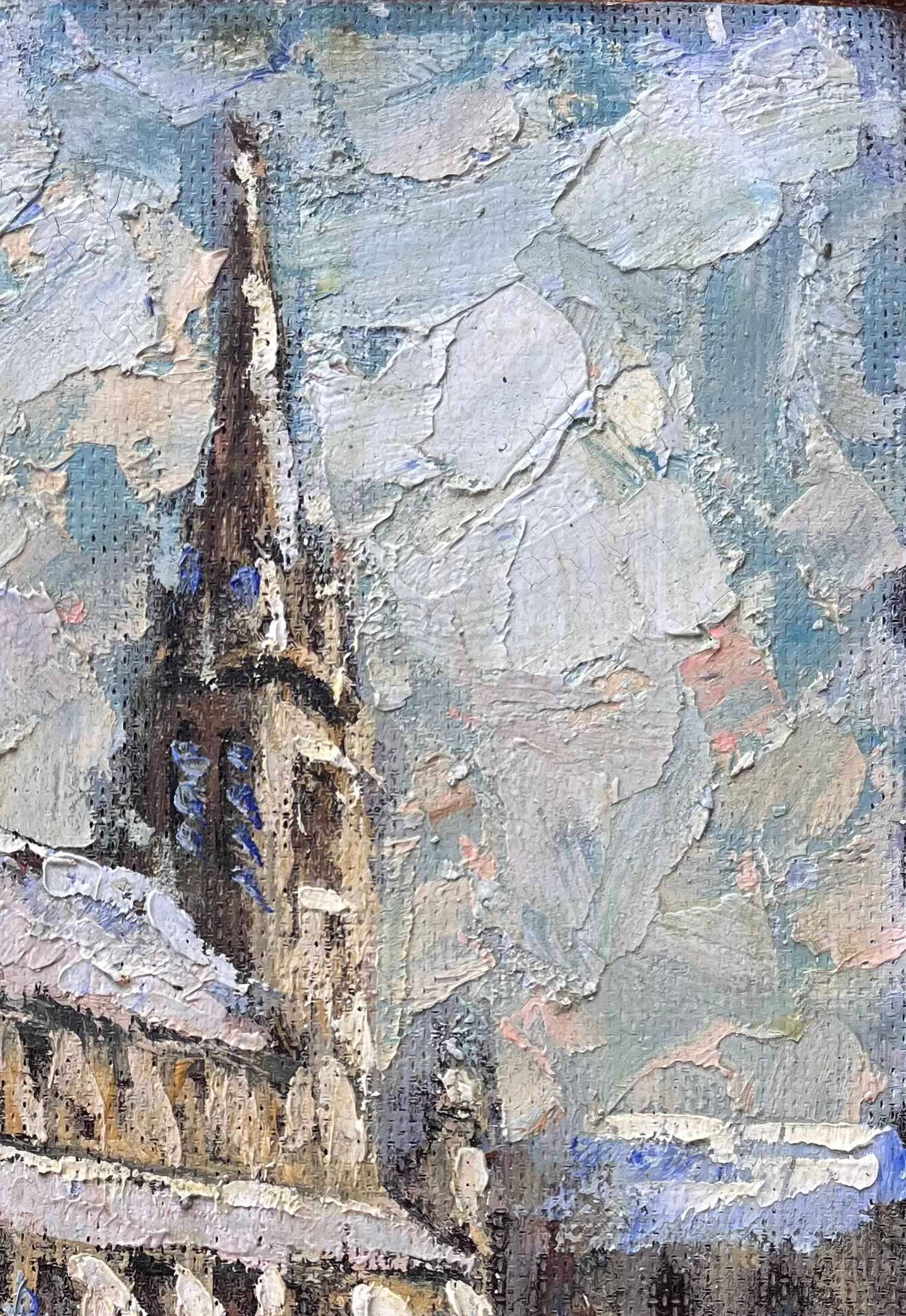 Französische Winterkathedralszene mit Schnee und Figuren in dickem Impasto im Angebot 1