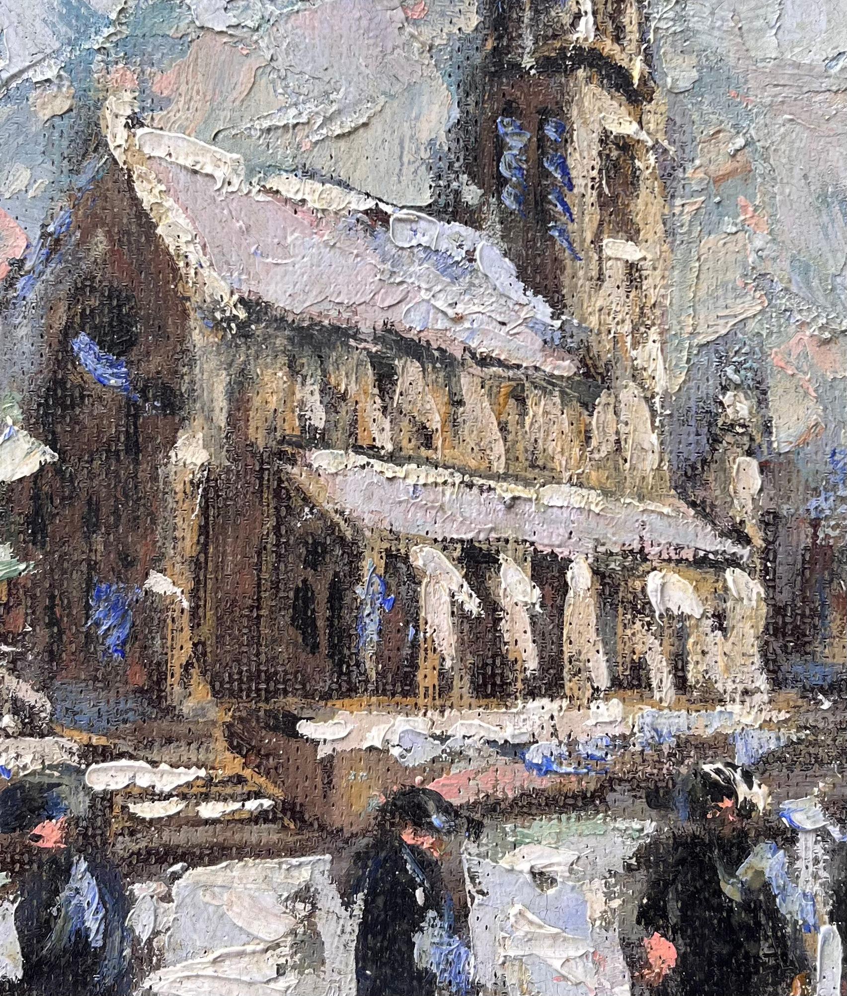 Französische Winterkathedralszene mit Schnee und Figuren in dickem Impasto im Angebot 2