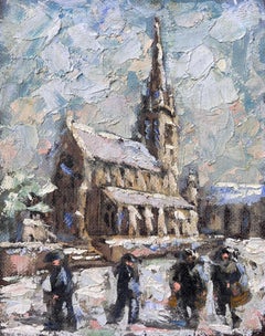 Scène de cathédrale d'hiver française avec neige et personnages en pente épaisse