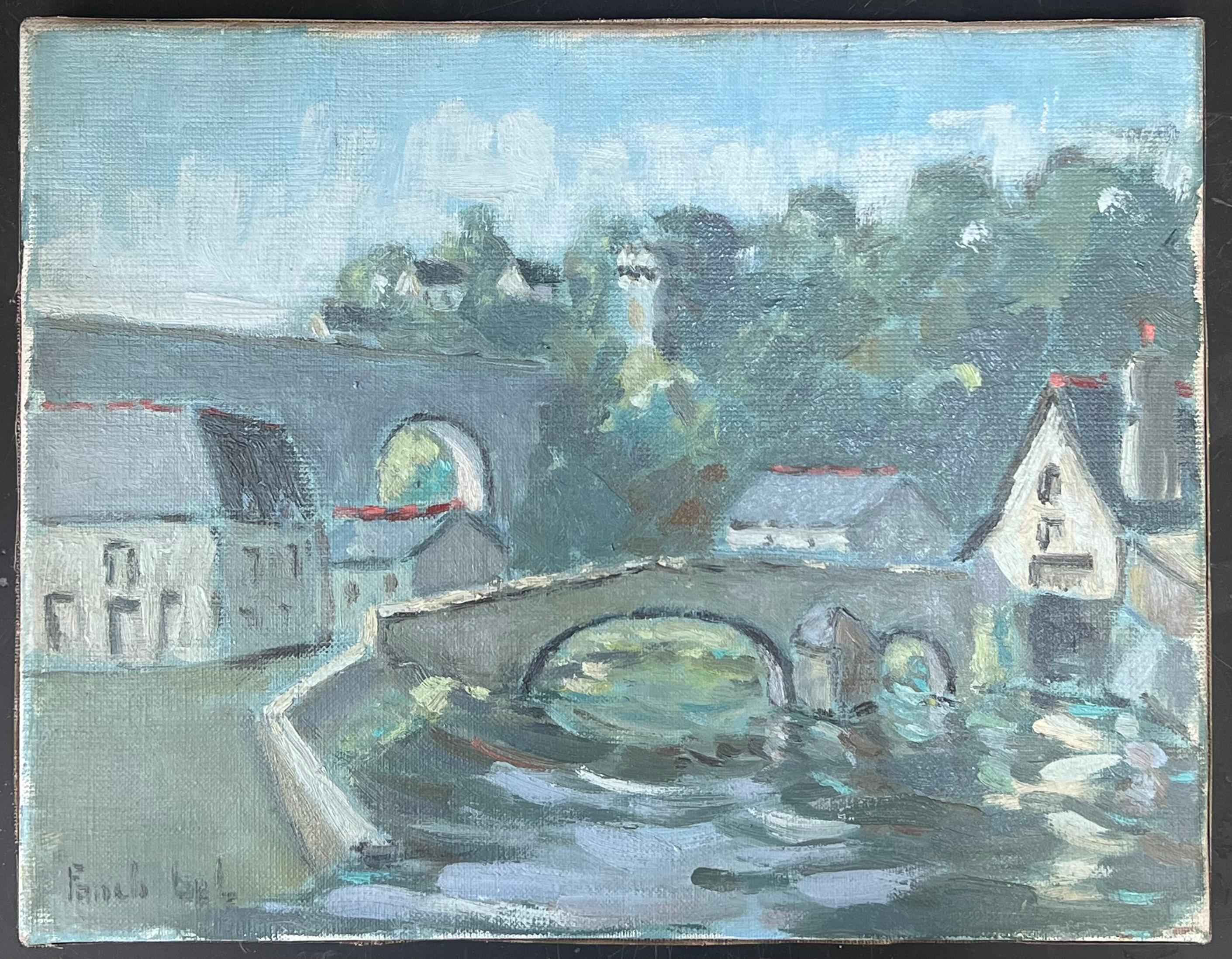 Gentle View of Pont Aven Bridge Brittany France Landscape Oil Painting - Blue Landscape Painting by Fanch Lel