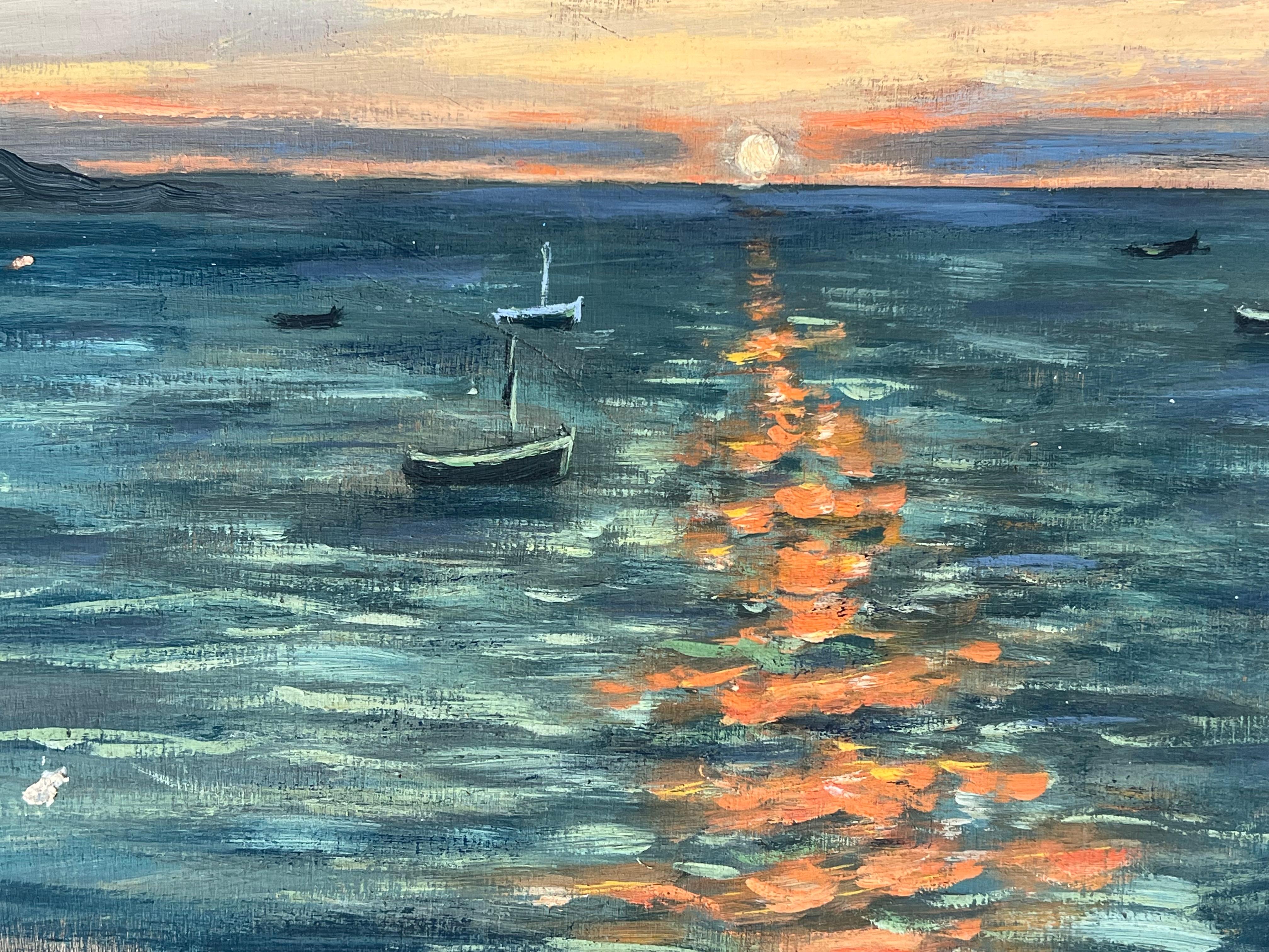 Golden Orange Sunset Over The Still Boat Sea French Landscape Oil Painting - Gray Landscape Painting by Fanch Lel