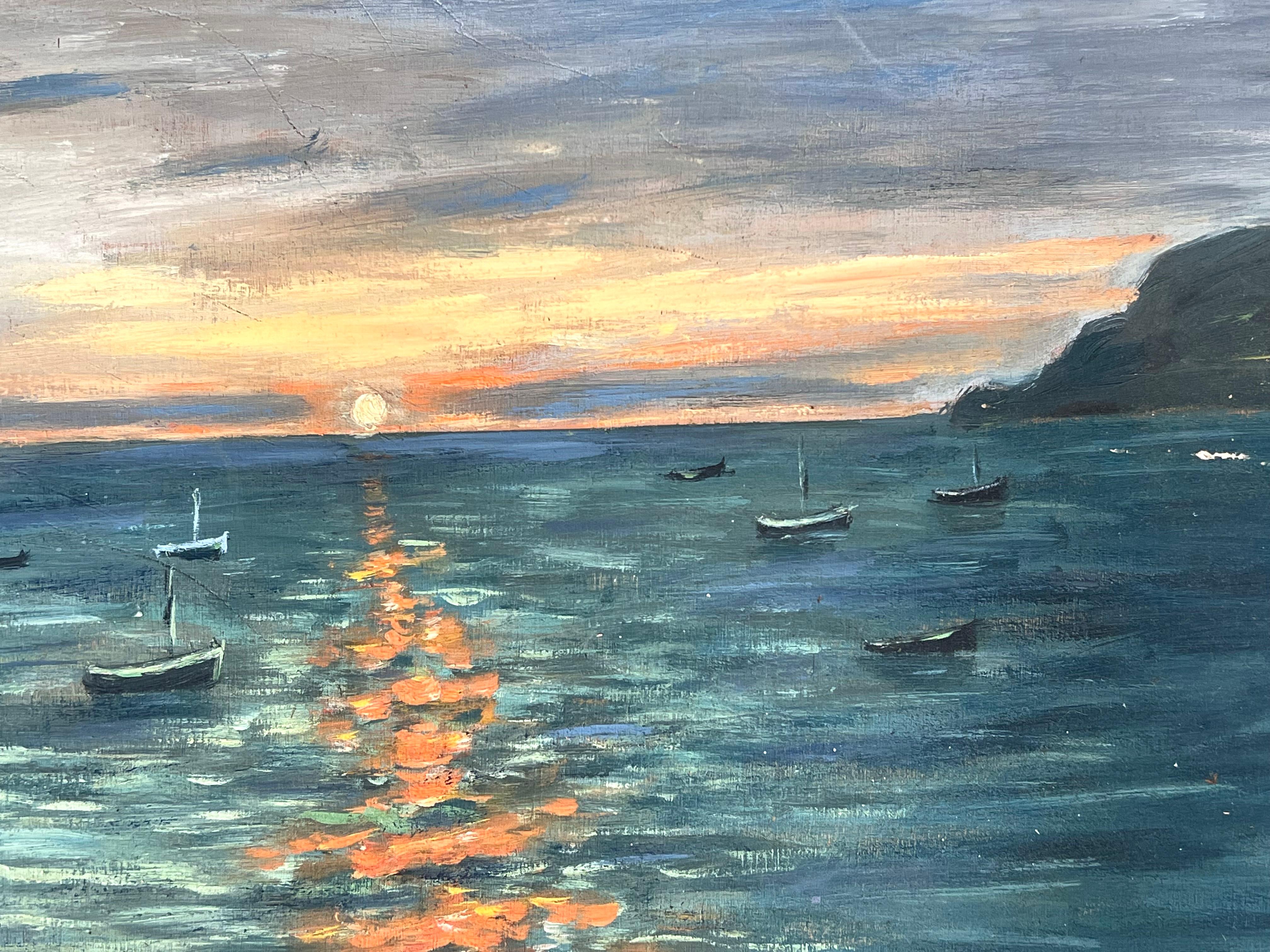 Golden Orange Sunset Over The Still Boat Sea French Landscape Oil Painting For Sale 1