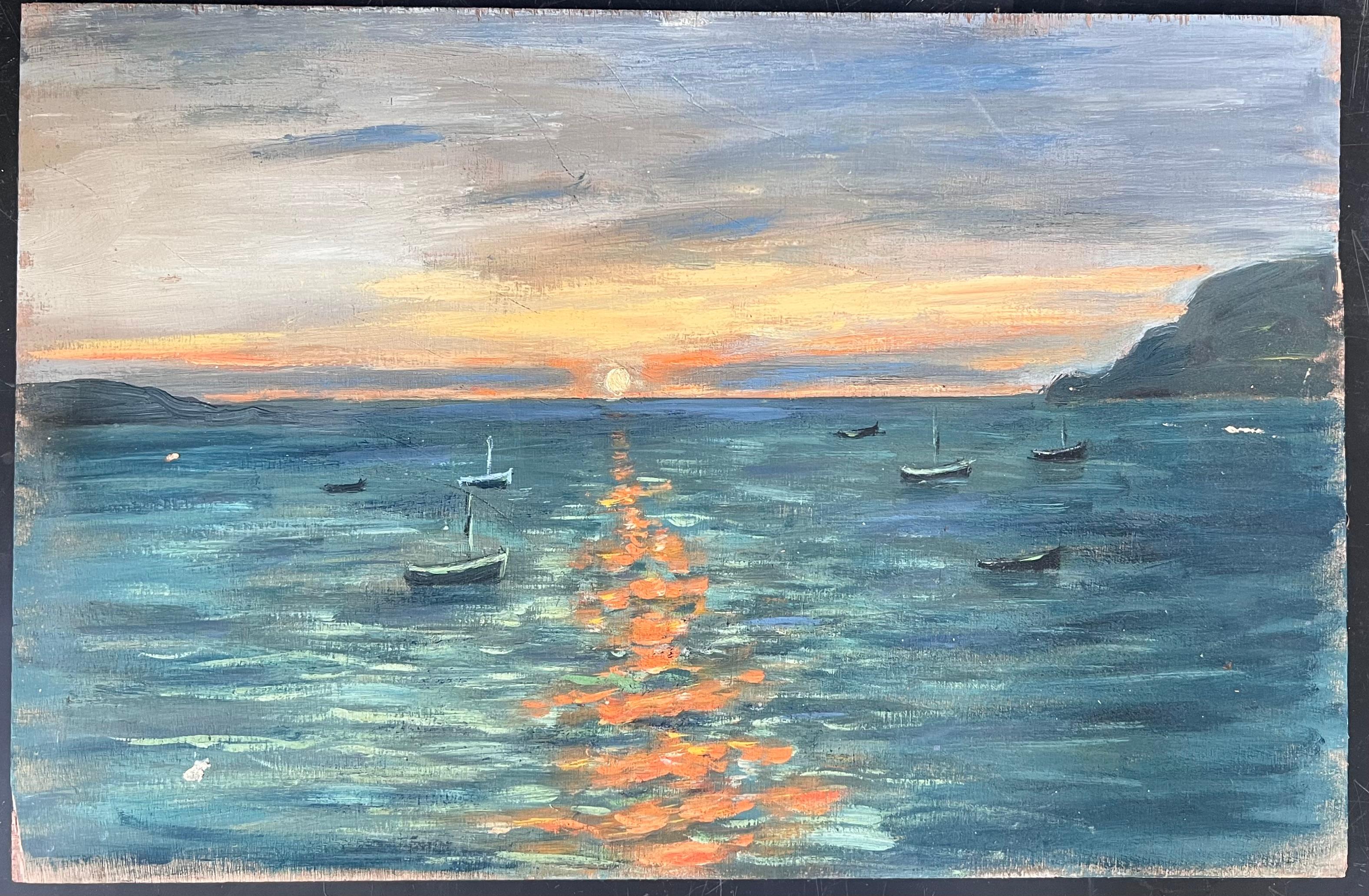 Golden Orange Sunset Over The Still Boat Sea French Landscape Oil Painting For Sale 3