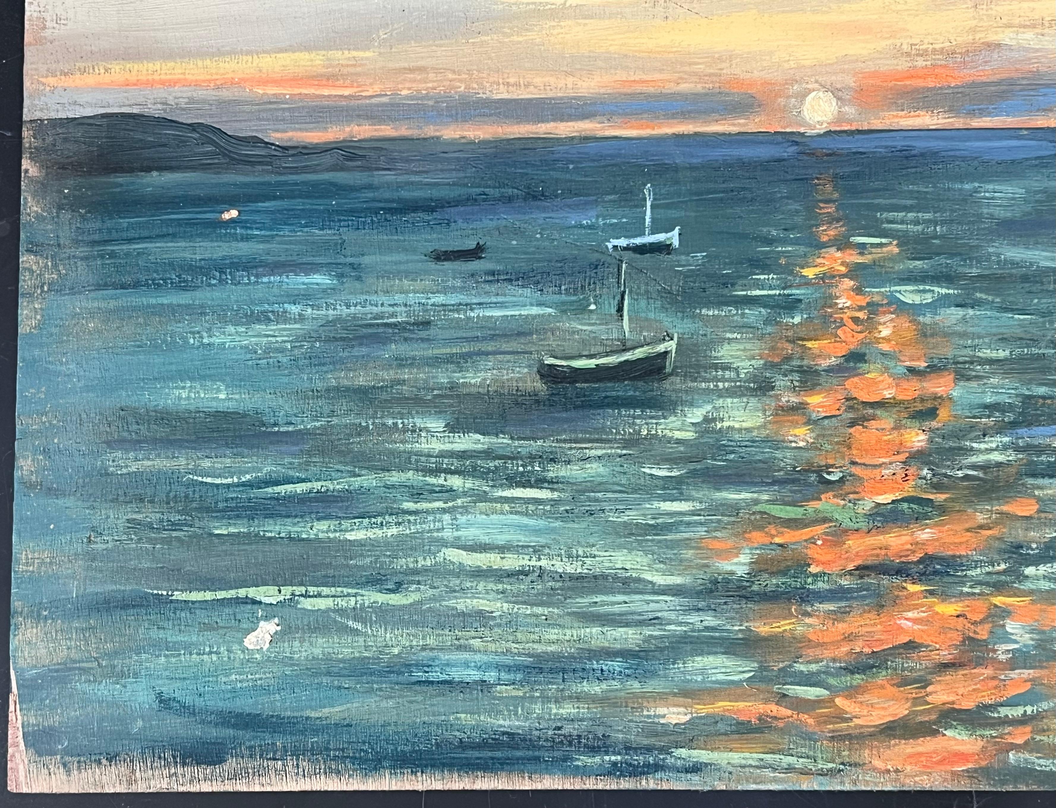 Golden Orange Sunset Over The Still Boat Sea French Landscape Oil Painting For Sale 4