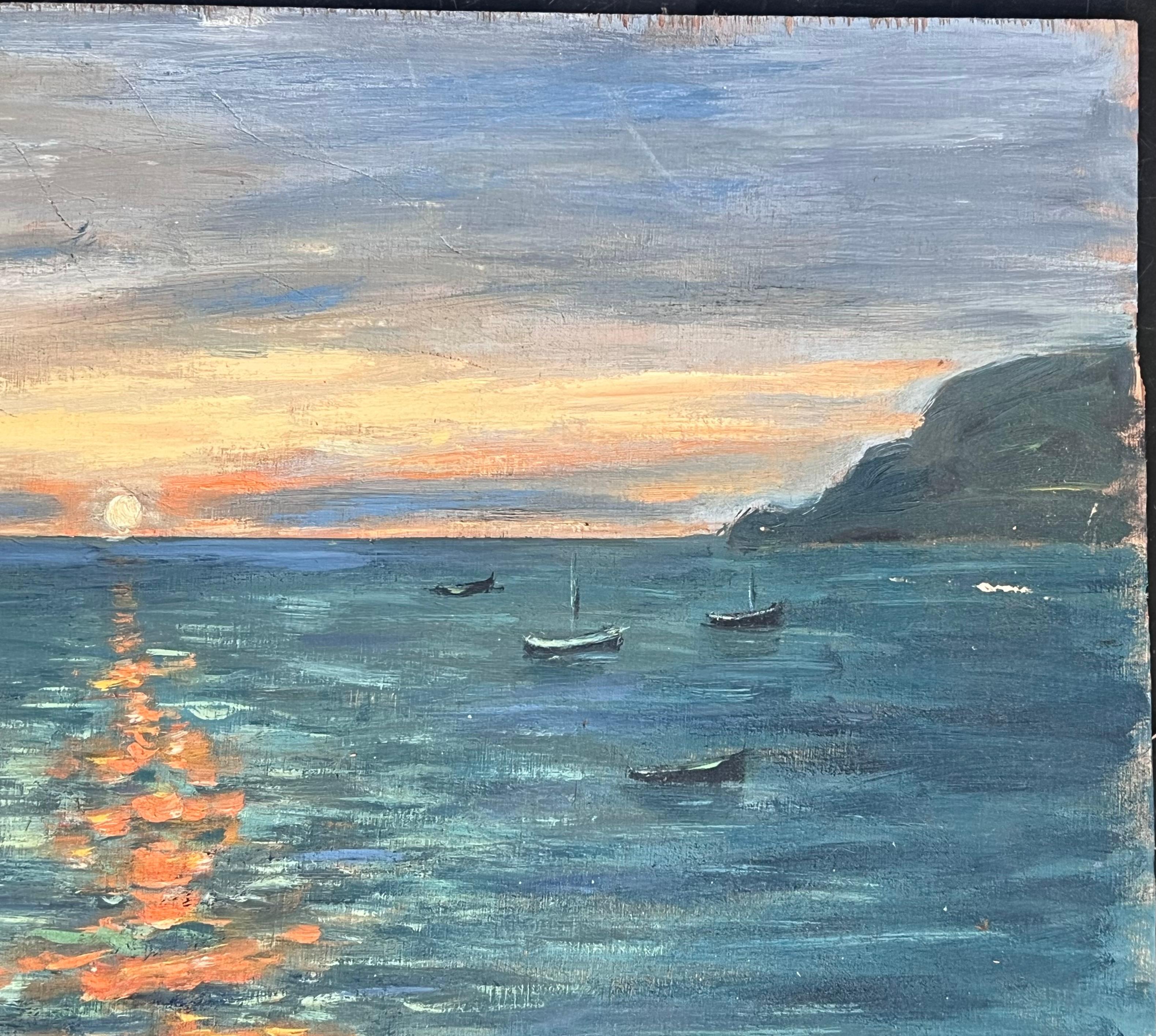 Golden Orange Sunset Over The Still Boat Sea French Landscape Oil Painting For Sale 5