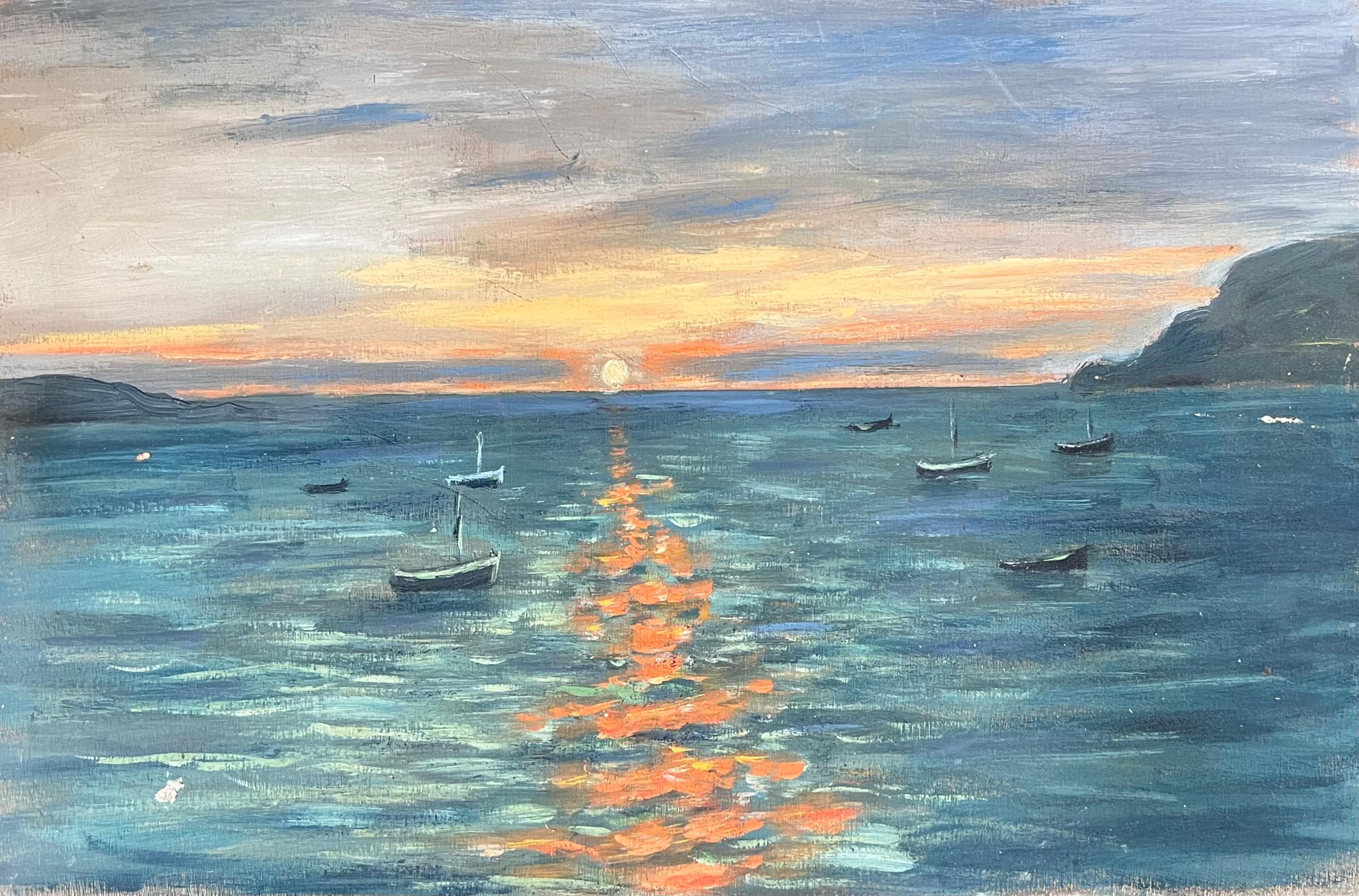 Fanch Lel Landscape Painting - Golden Orange Sunset Over The Still Boat Sea French Landscape Oil Painting