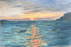 Golden Orange Sunset Over The Still Boat Sea French Landscape Oil Painting