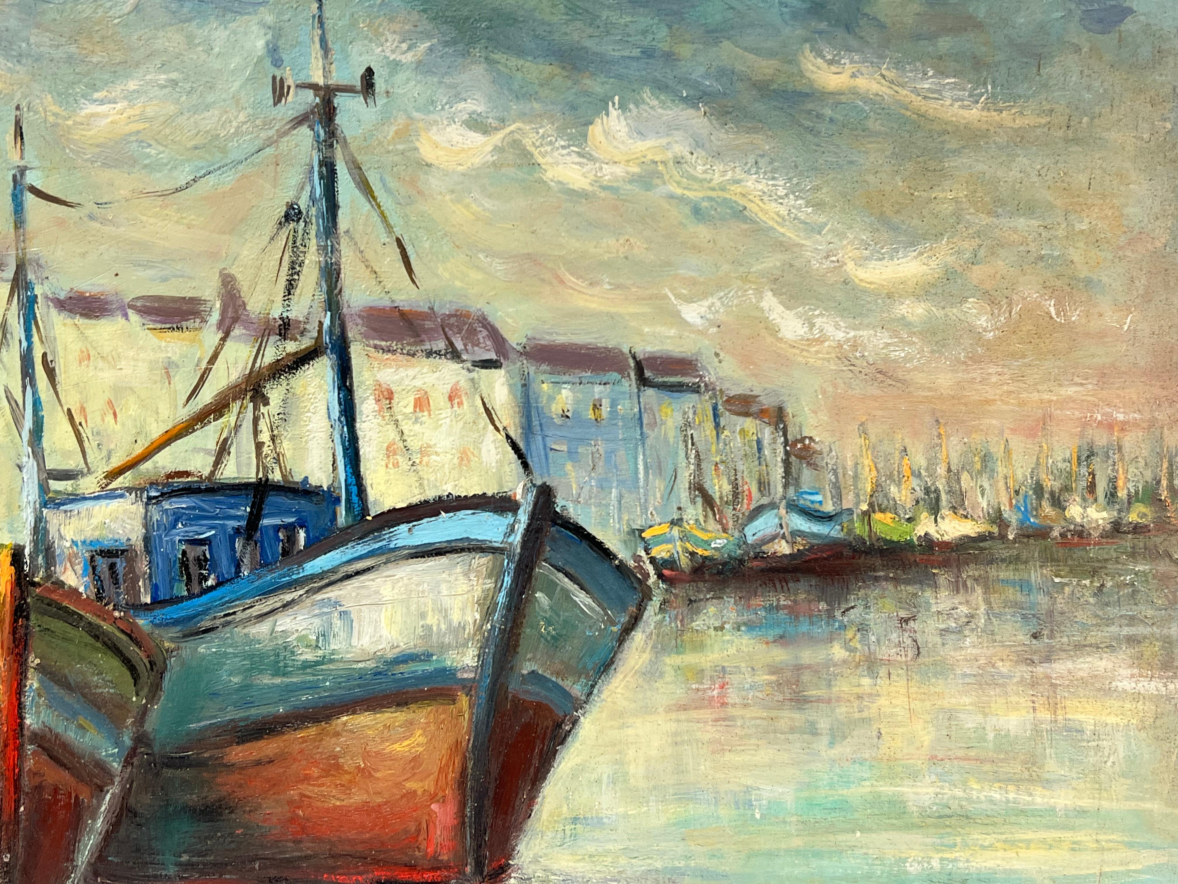 Vista del porto con barche da pesca attraccate e luminose Scena costiera umida Pittura a olio - Painting Impressionismo di Fanch Lel