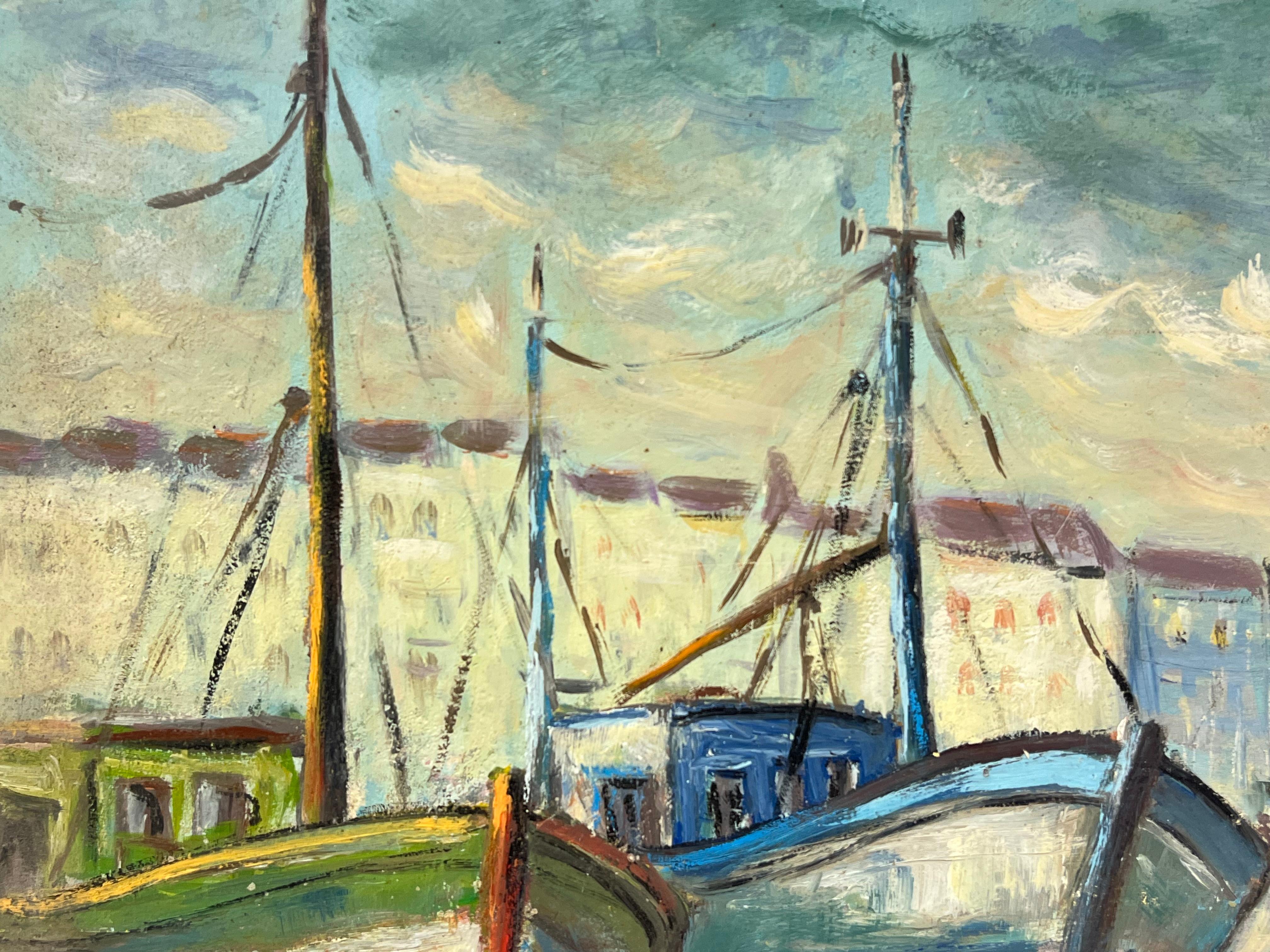 Vista del porto con barche da pesca attraccate e luminose Scena costiera umida Pittura a olio - Landscape Painting Marrone di Fanch Lel