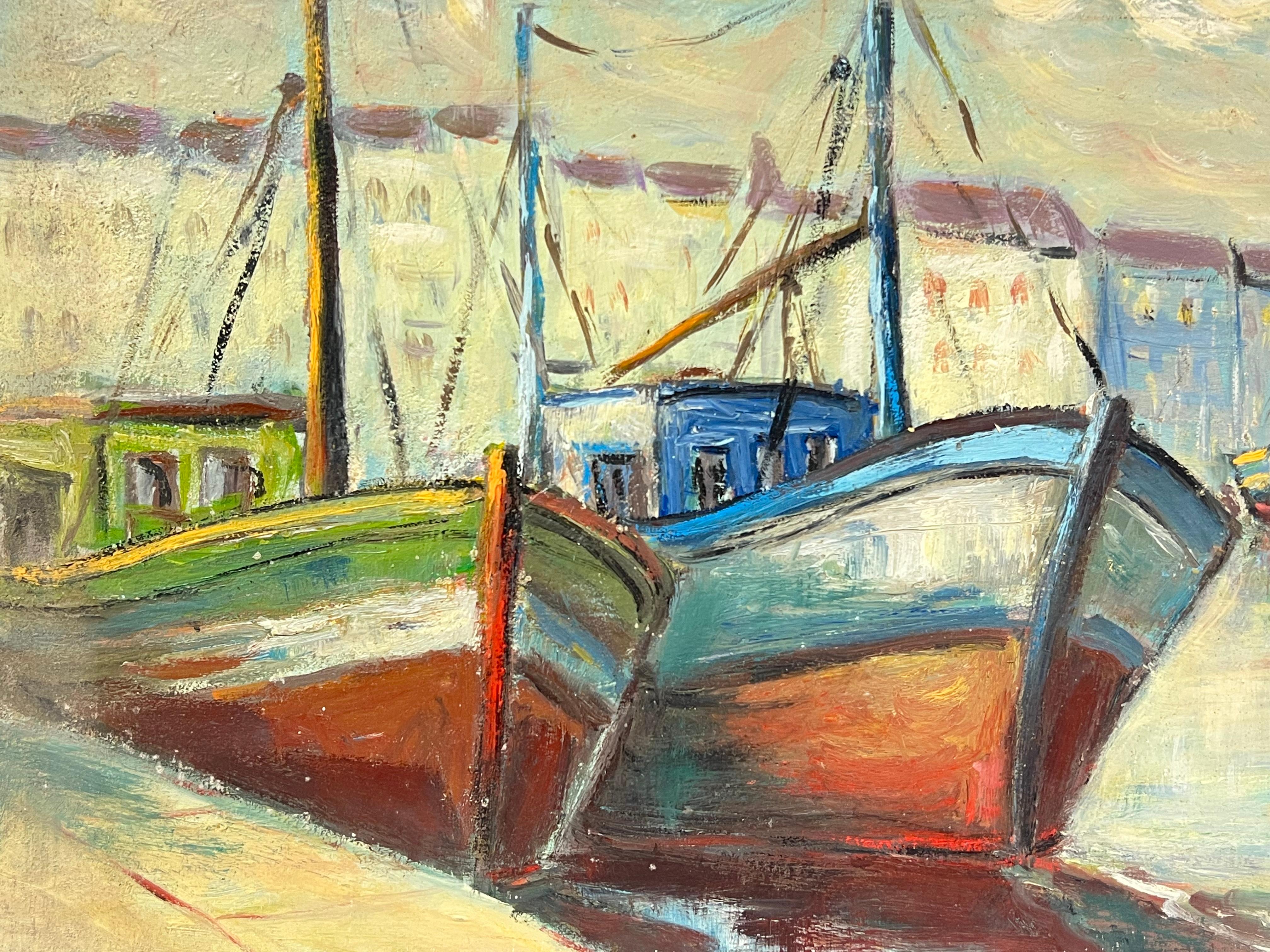 Vista sul porto
di Fanch Lel (francese, nato nel 1930)
dimensioni: 15 x 22 pollici
dipinto a olio su tavola, senza cornice
condizioni: il dipinto è in ottime condizioni. In precedenza è stato conservato nello studio dell'artista. 
Provenienza: tutti