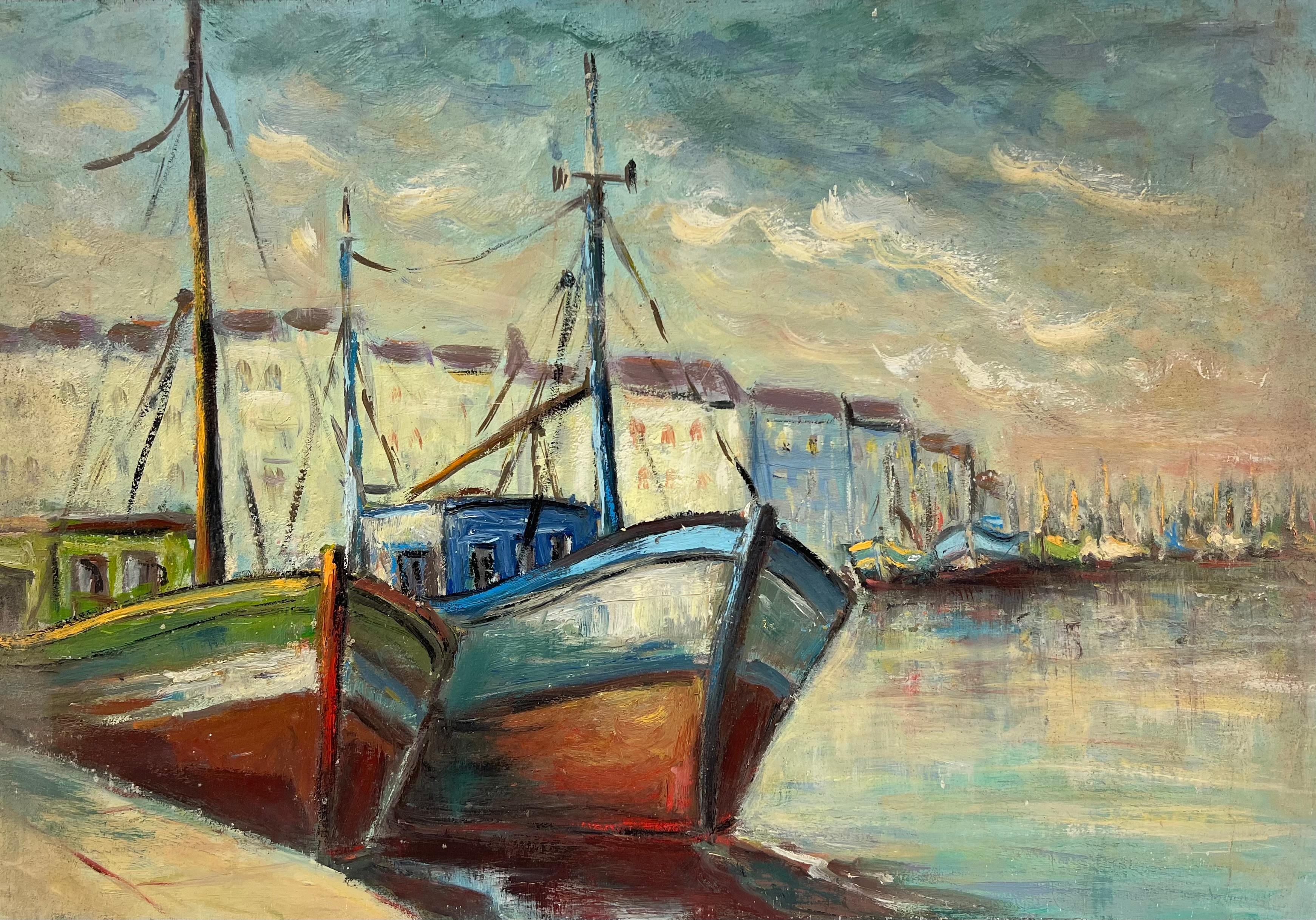 Landscape Painting di Fanch Lel - Vista del porto con barche da pesca attraccate e luminose Scena costiera umida Pittura a olio