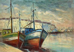 Harbor View with Bright Docked Fishing Boats Moody Coastal Scene Oil Painting