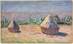 Haystacks in a Sunlit Filed Rural Summer Landscape Oil Painting