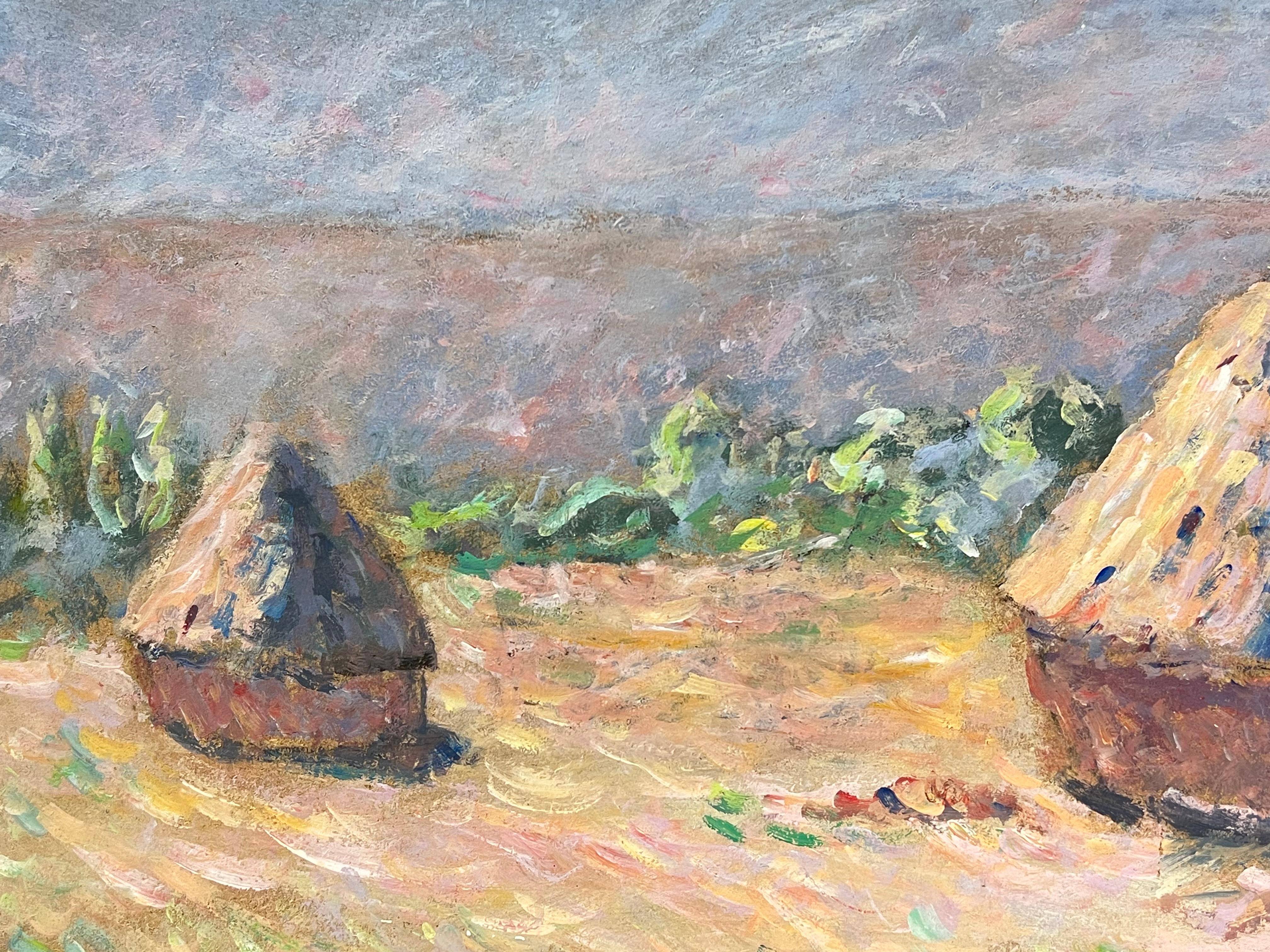 Covoni in un paesaggio rurale estivo illuminato dal sole Pittura ad olio - Landscape Painting Grigio di Fanch Lel